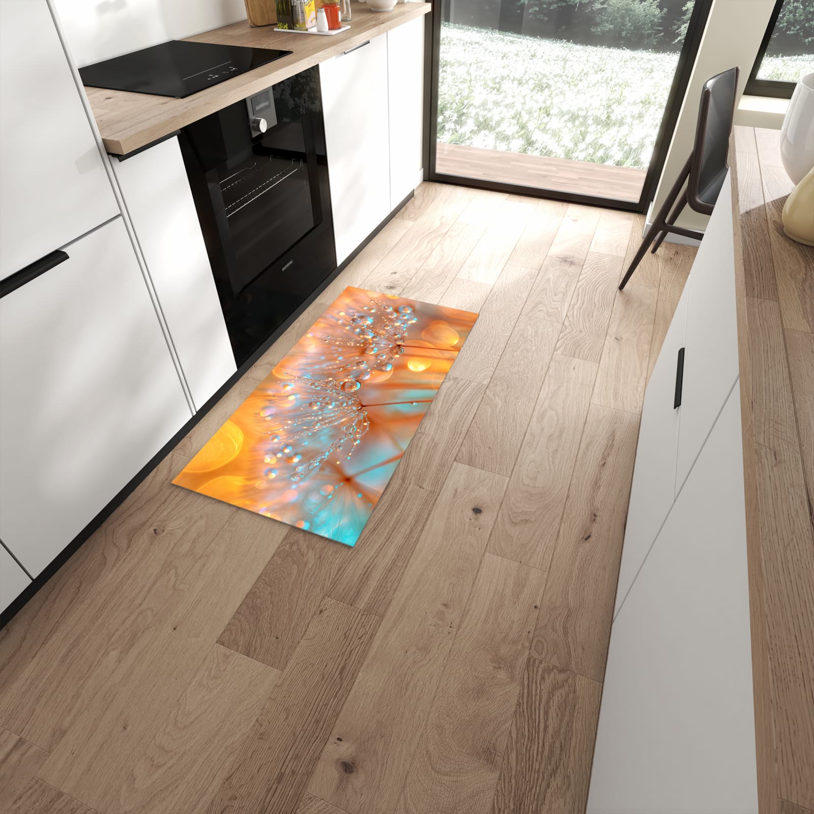 Geräuschdämpfender dünner Teppich mit Motiv Pusteblumen Tropfen in moderner Küche #grösse_60 x 120 cm