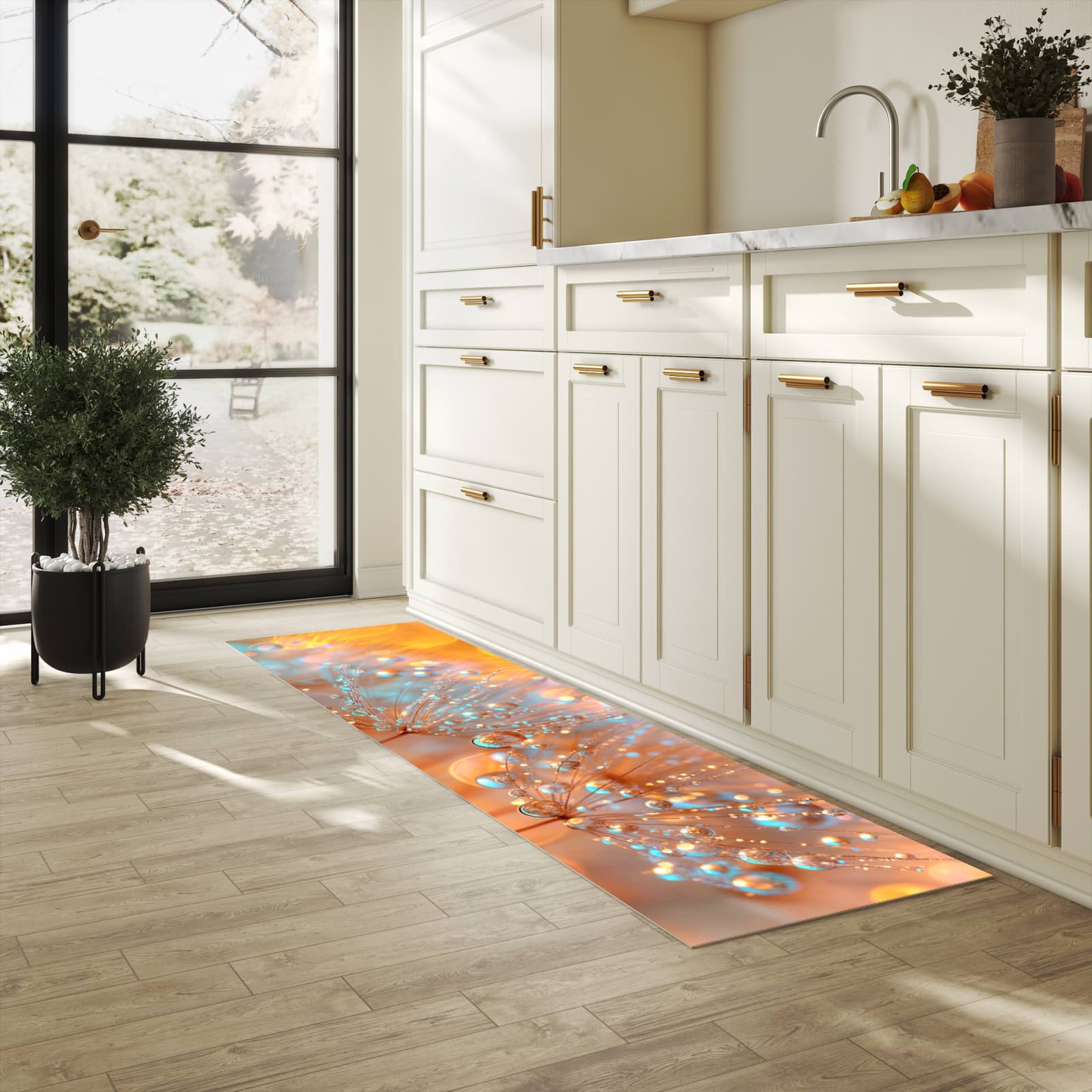 Geräuschdämpfender rutschfester Küchenteppich mit Motiv Pusteblumen Tropfen in heller Küche