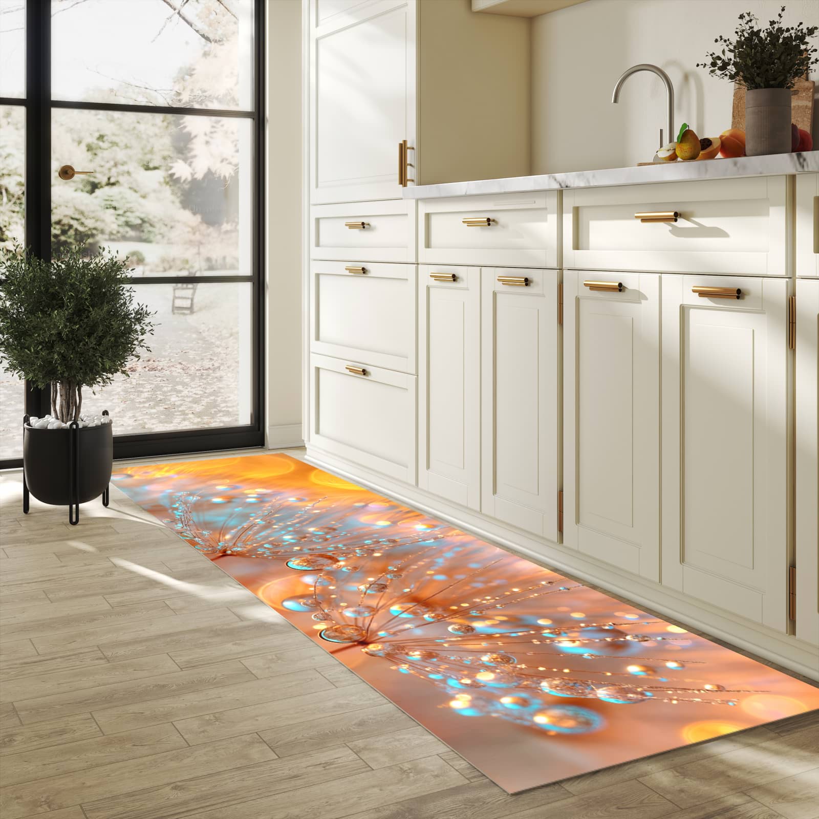 Geruchsneutraler rutschfester Küchenläufer mit Motiv Pusteblumen Tropfen in heller Küche