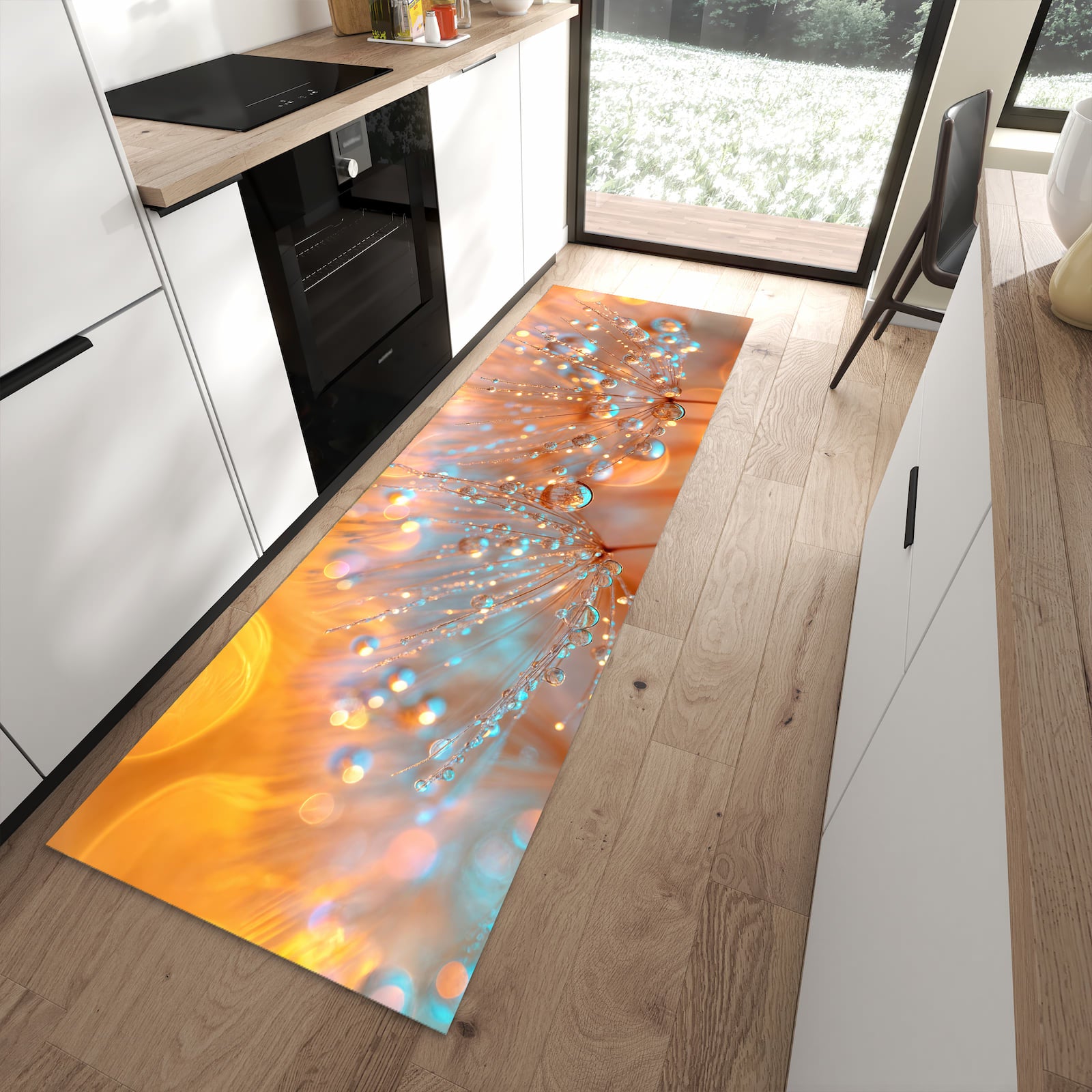 Langlebiger Küchenteppich mit Motiv Pusteblumen Tropfen in moderner Küche