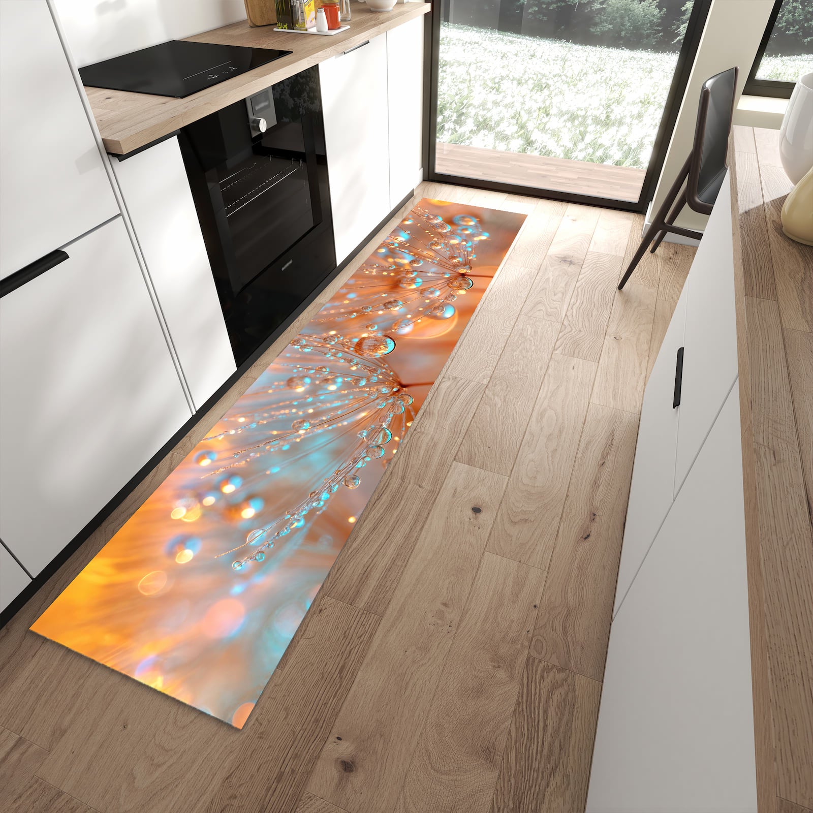 Wasserabweisender Teppich für Esstisch mit Motiv Pusteblumen Tropfen in moderner Küche