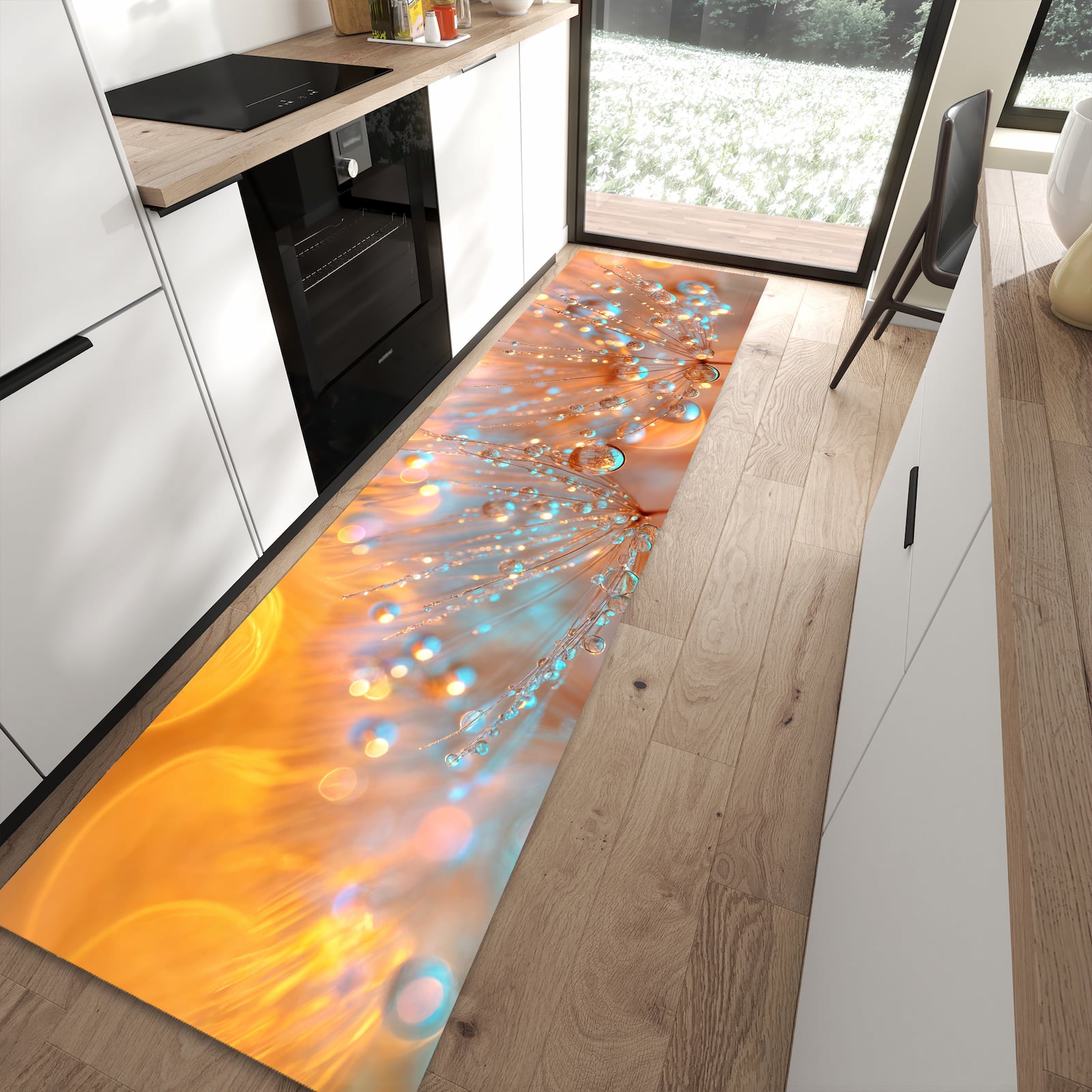 Pflegeleichter Küchenteppich mit Motiv Pusteblumen Tropfen in moderner Küche