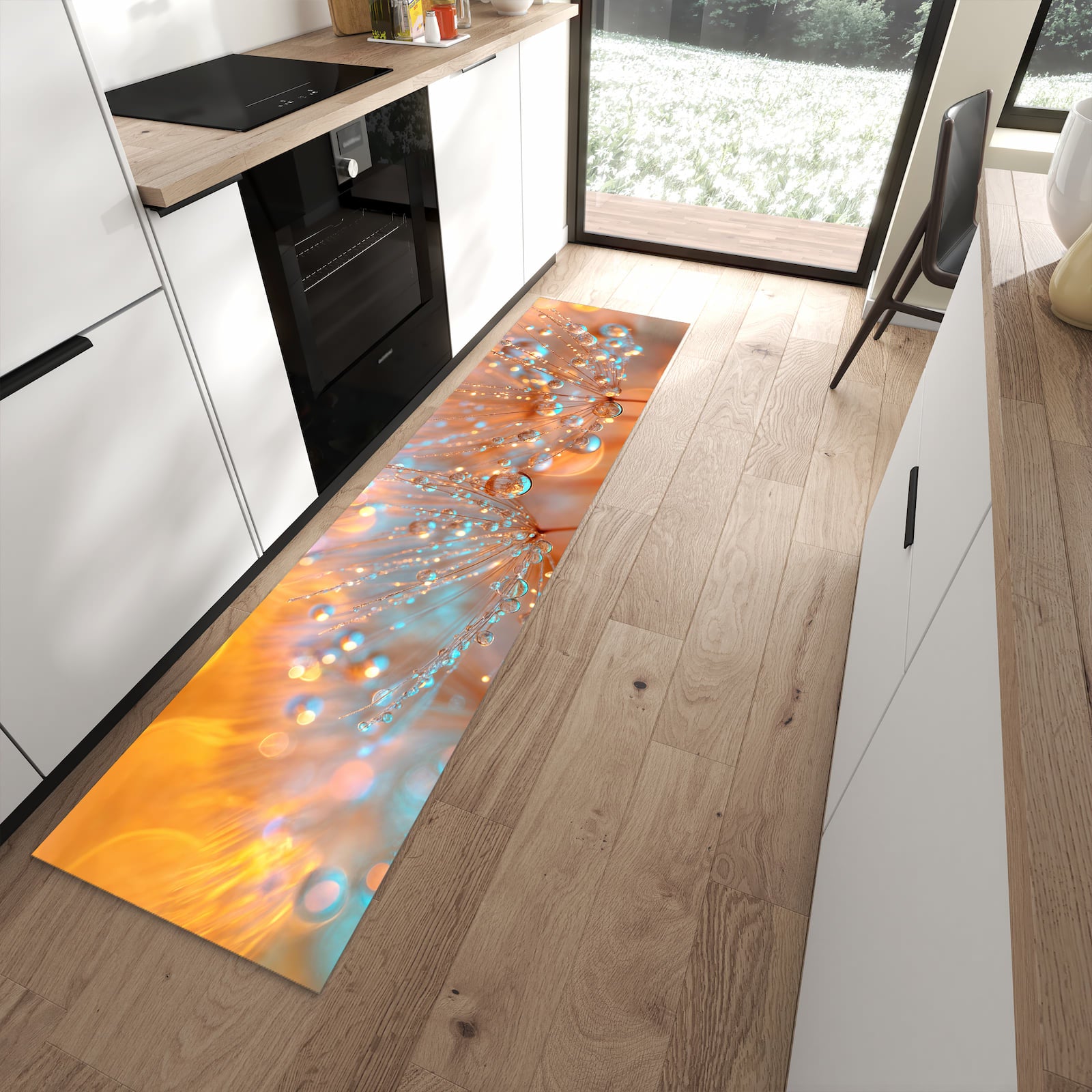 Küchenteppich mit Motiv Pusteblumen Tropfen für Trittkomfort in moderner Küche, waschbar