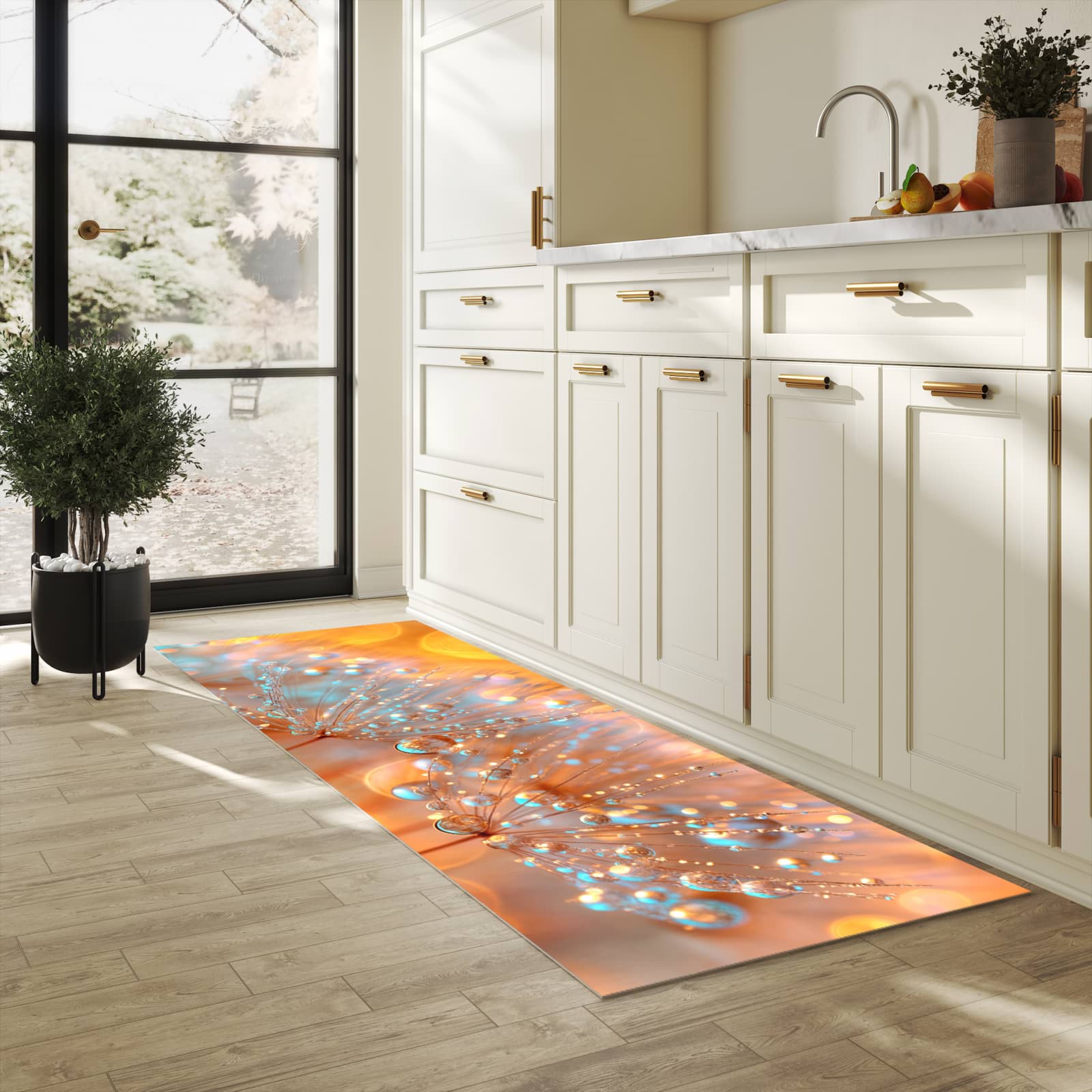 Fleckenresistenter Küchenläufer mit Motiv Pusteblumen Tropfen in heller Küche