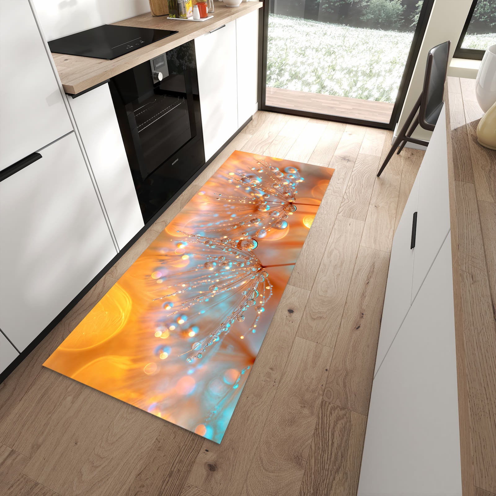 Geruchsneutraler Bodenläufer Teppich mit Motiv Pusteblumen Tropfen in moderner Küche