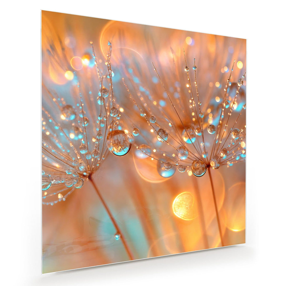 Zwei Samenschirme dicht mit klaren Wassertropfen besetzt, orange-türkises Bokeh dahinter.