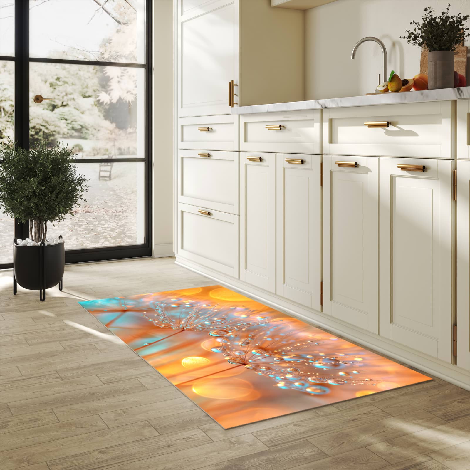 Langlebiger waschbarer Küchenläufer mit Motiv Pusteblumen Tropfen in heller Küche