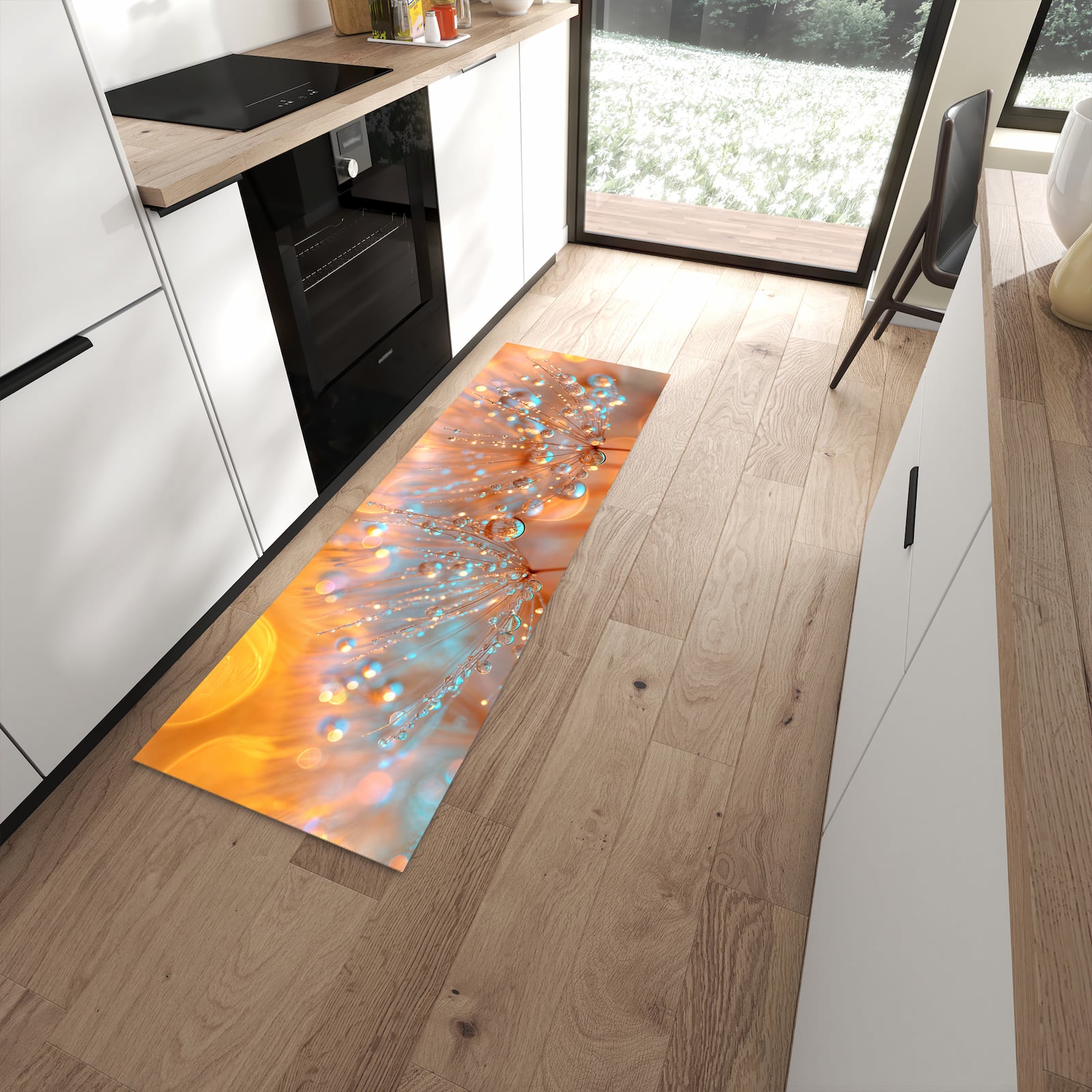 UV-beständiger waschbarer Küchenteppich mit Motiv Pusteblumen Tropfen in moderner Küche