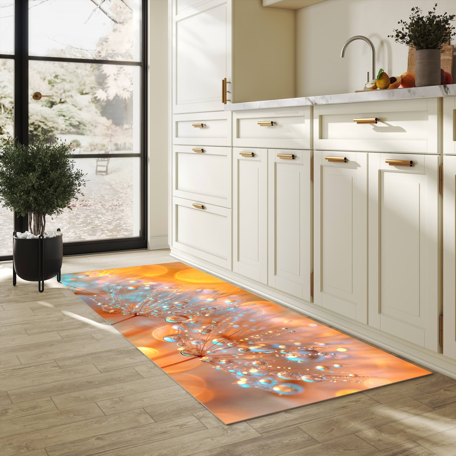 Flacher rutschfester Küchenläufer mit Motiv Pusteblumen Tropfen in heller Küche