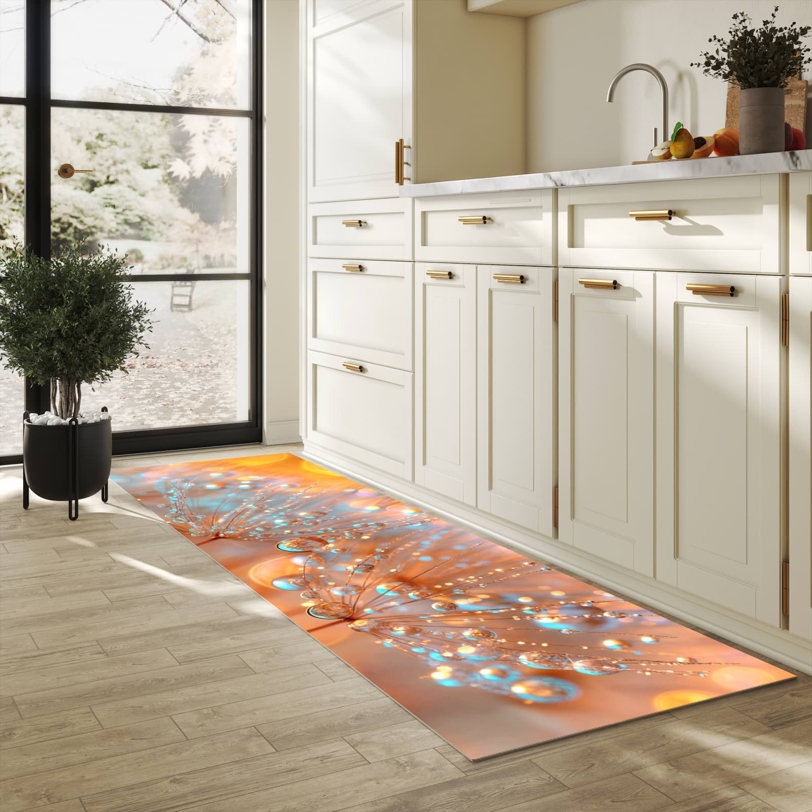 Schmutzabweisender rutschfester Küchenläufer mit Motiv Pusteblumen Tropfen in heller Küche
