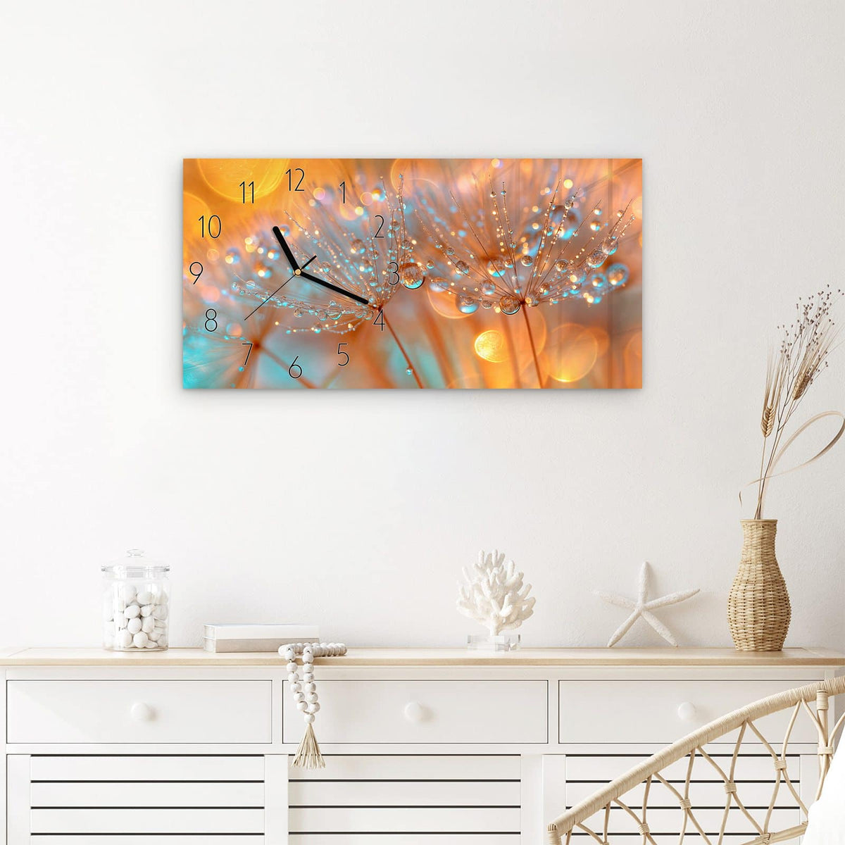 Wanduhr Pusteblumen Tropfen aus Glas – Querformat 60 × 30 cm – Pusteblumen mit funkelnden Tautropfen