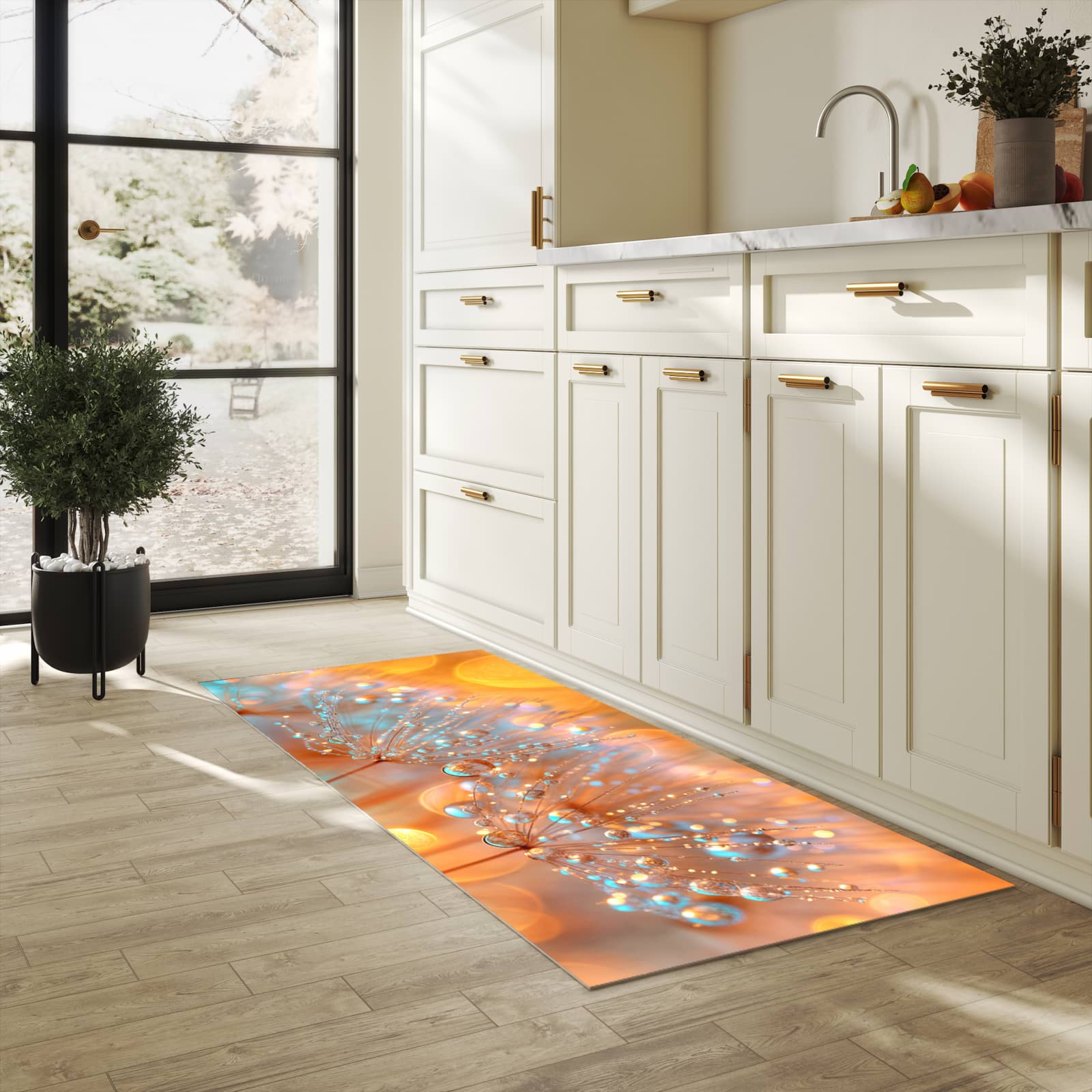 Wasserabweisender Küchenläufer mit Motiv Pusteblumen Tropfen in heller Küche