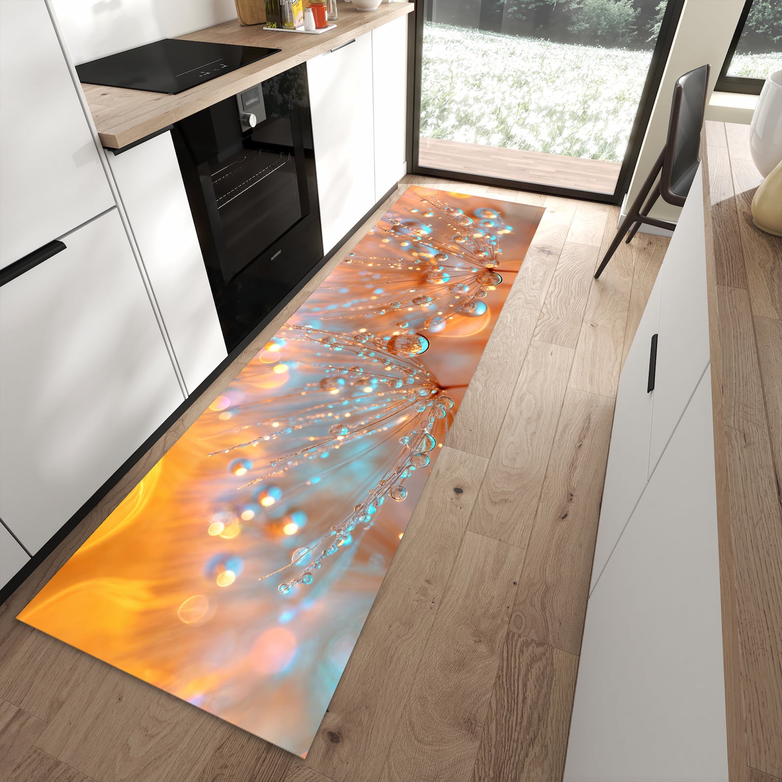 Flacher Küchenteppich mit Motiv Pusteblumen Tropfen in moderner Küche - waschbar