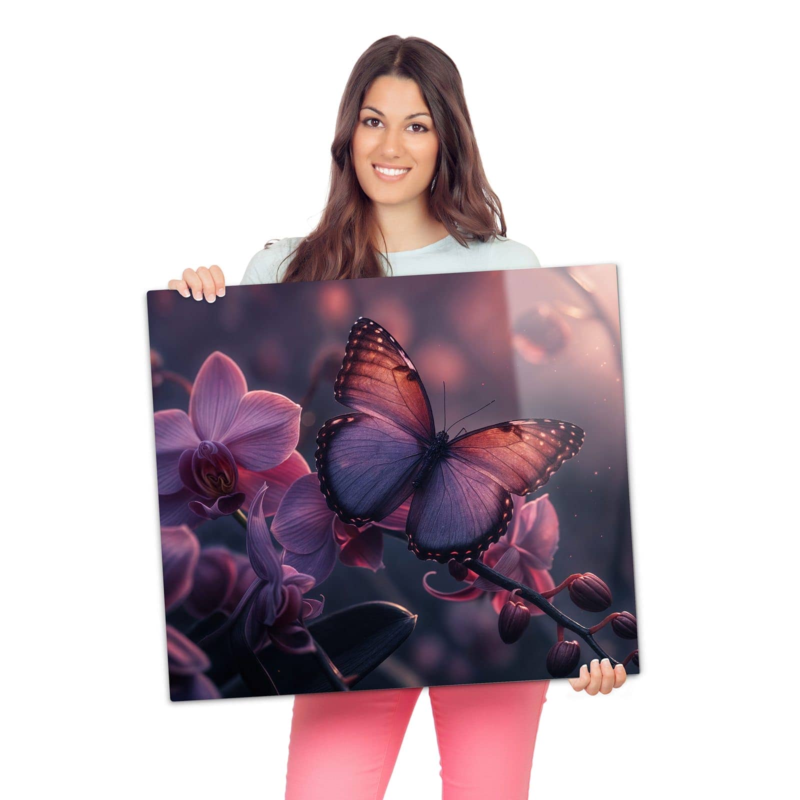 Herdabdeckplatte mit Schmetterling Blüte-Motiv wird zur Größendarstellung gehalten