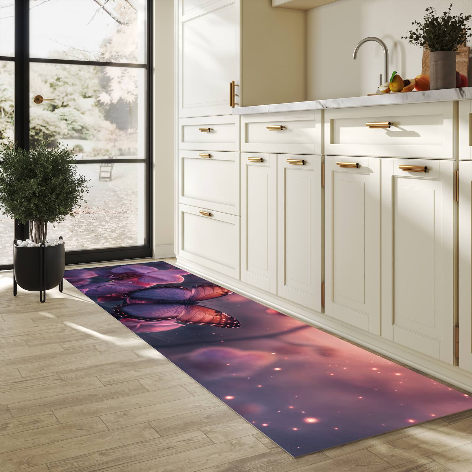 Küchenteppich mit Motiv Schmetterling Blüte für Ordnung & Übersicht in heller Küche