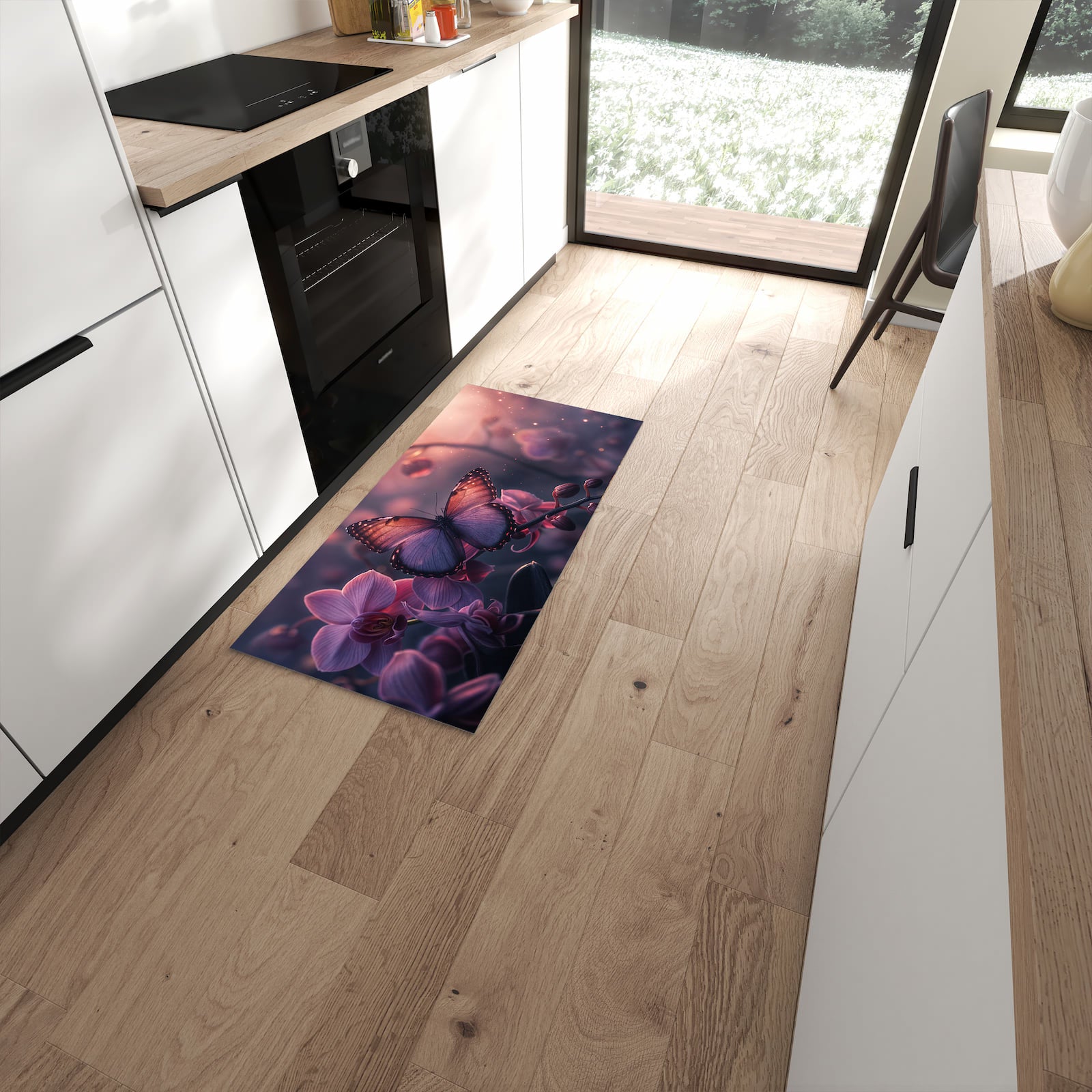 Hygienischer Läufer für die Küche mit Motiv Schmetterling Blüte in moderner Küche #grösse_60 x 120 cm