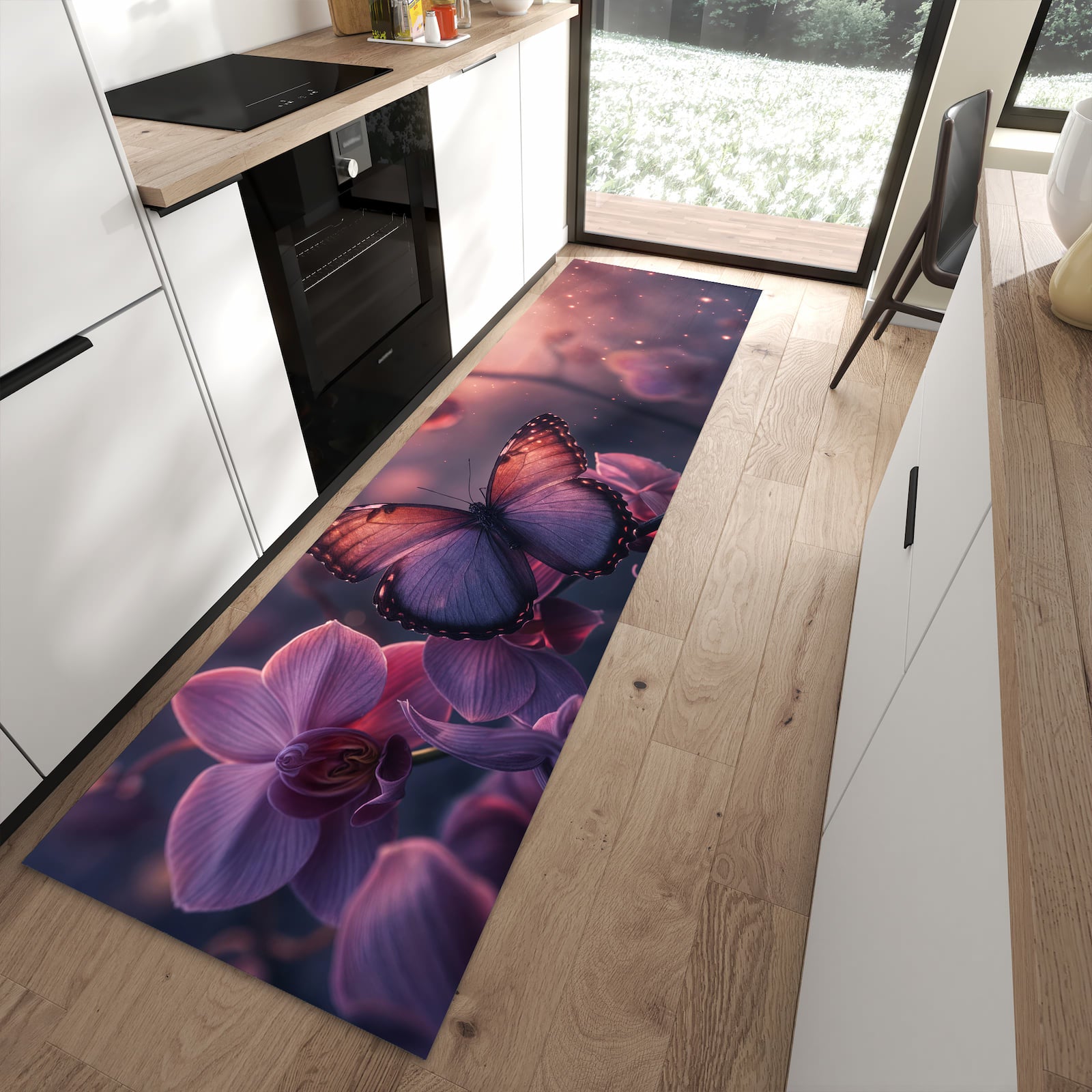 Farbbeständiger waschbarer Küchenläufer mit Motiv Schmetterling Blüte in moderner Küche