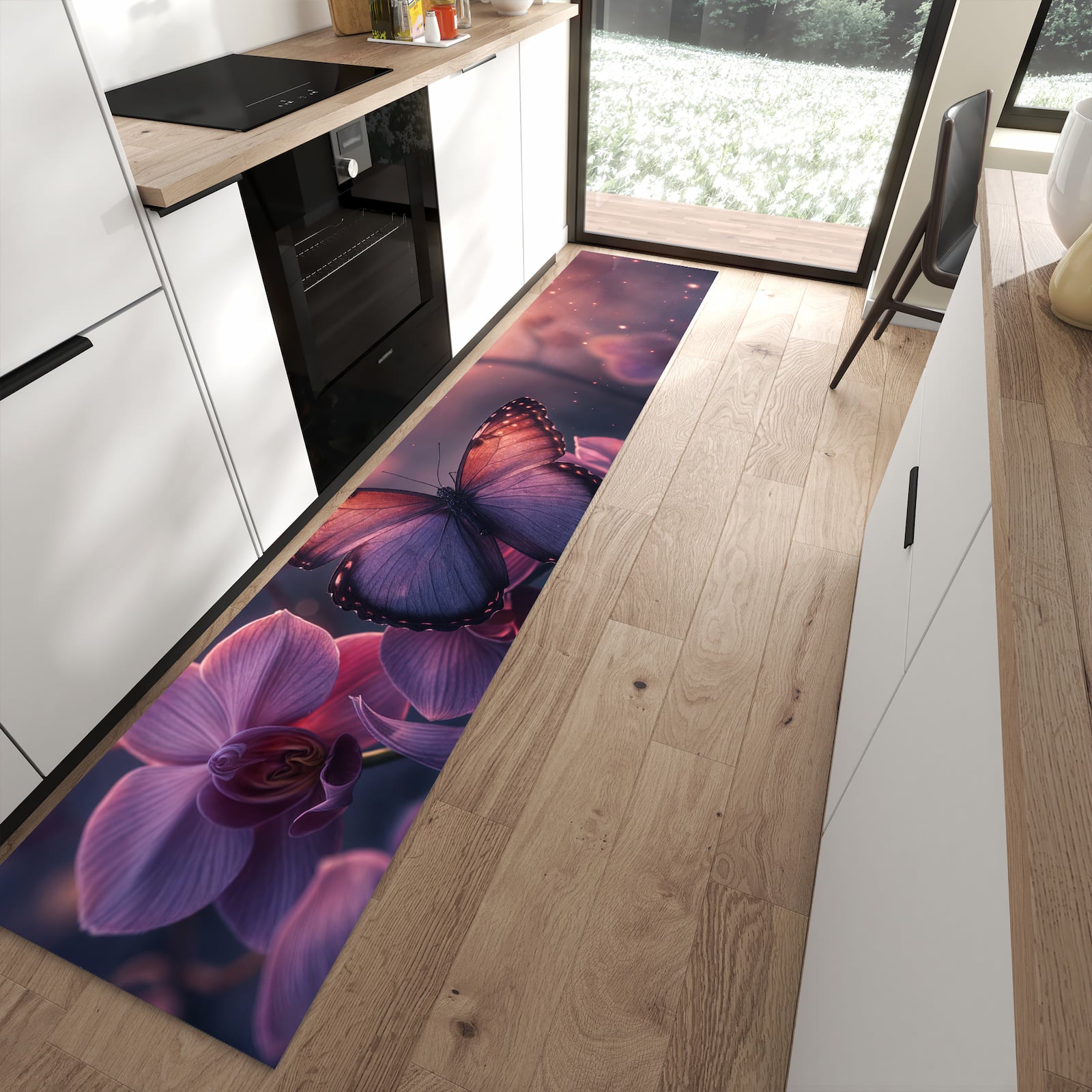 Feuchtigkeitsresistenter Küchenläufer mit Motiv Schmetterling Blüte in moderner Küche