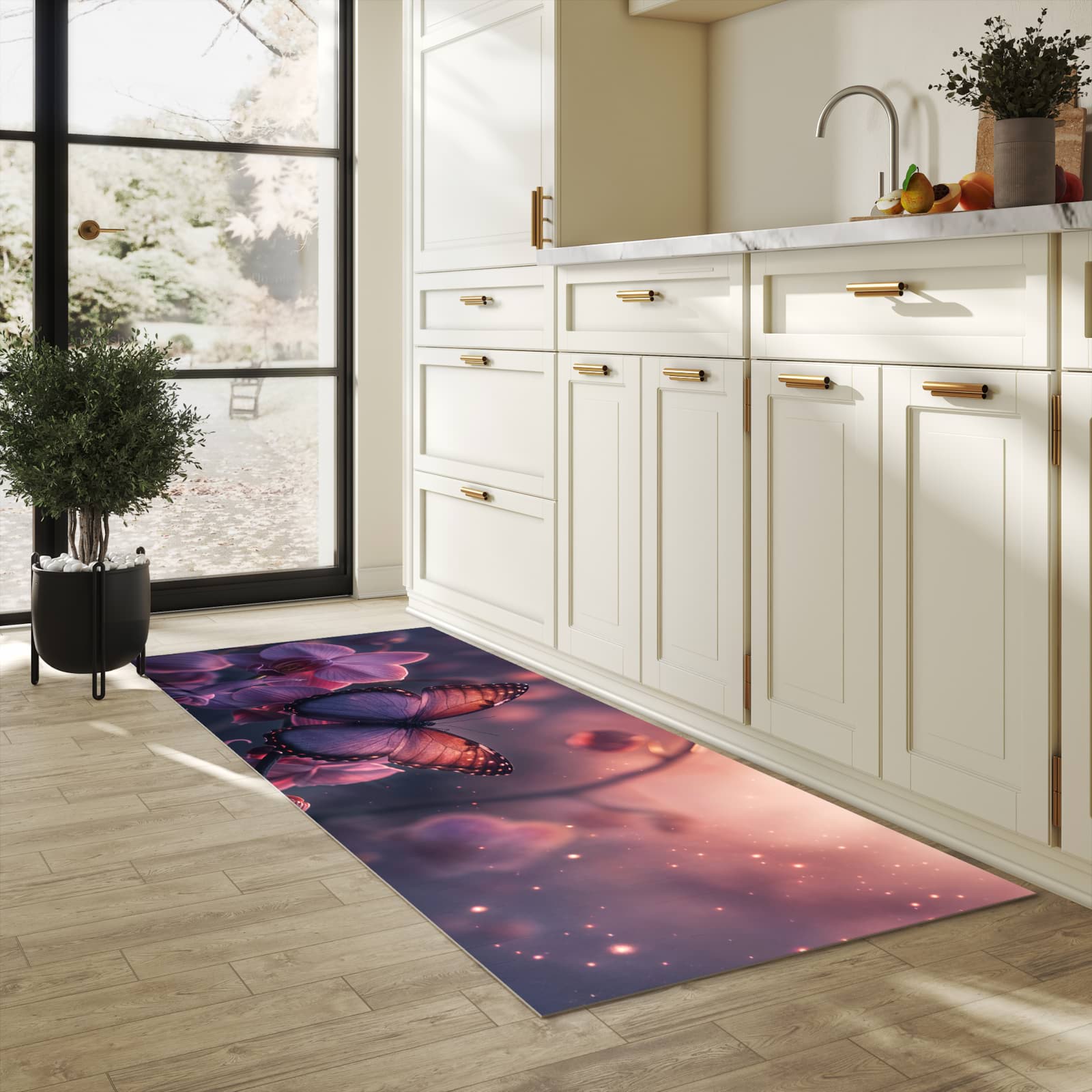 Farbbeständiger Küchenteppich mit Motiv Schmetterling Blüte in heller Küche