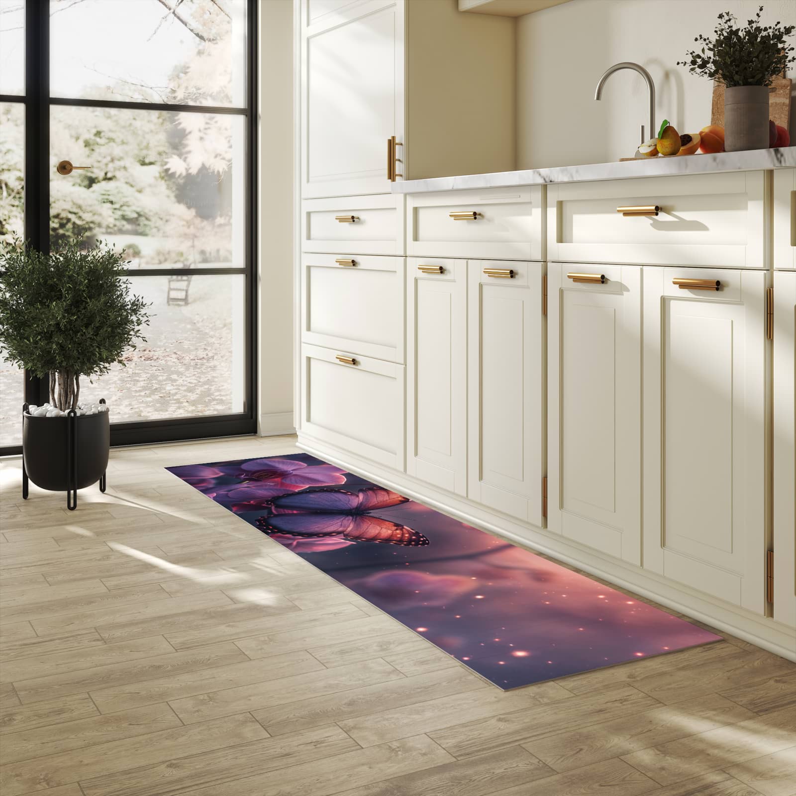 Hygienischer Teppich fürs Esszimmer mit Motiv Schmetterling Blüte in heller Küche