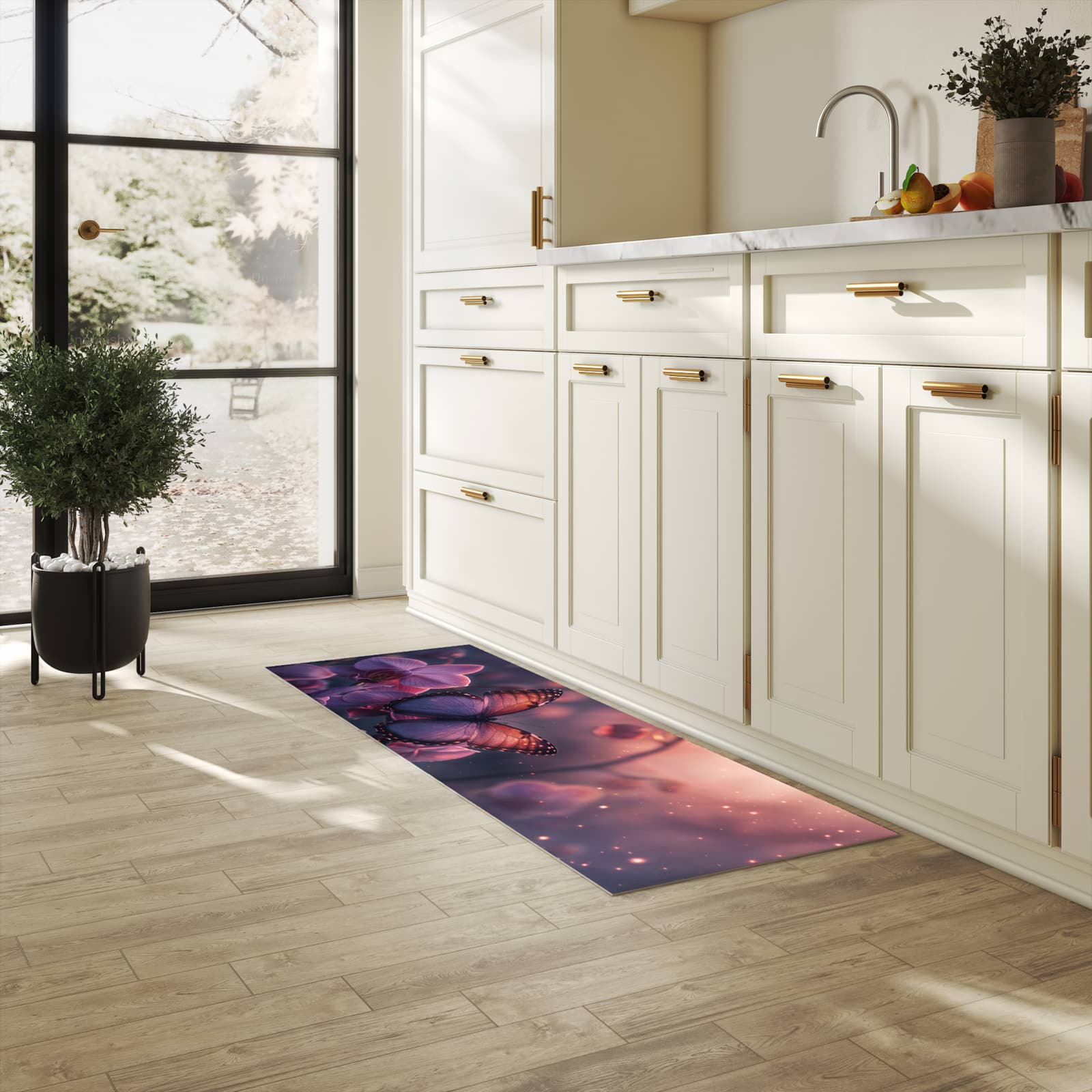 Dünner waschbarer Küchenteppich mit Motiv Schmetterling Blüte für angenehme Haptik in heller Küche