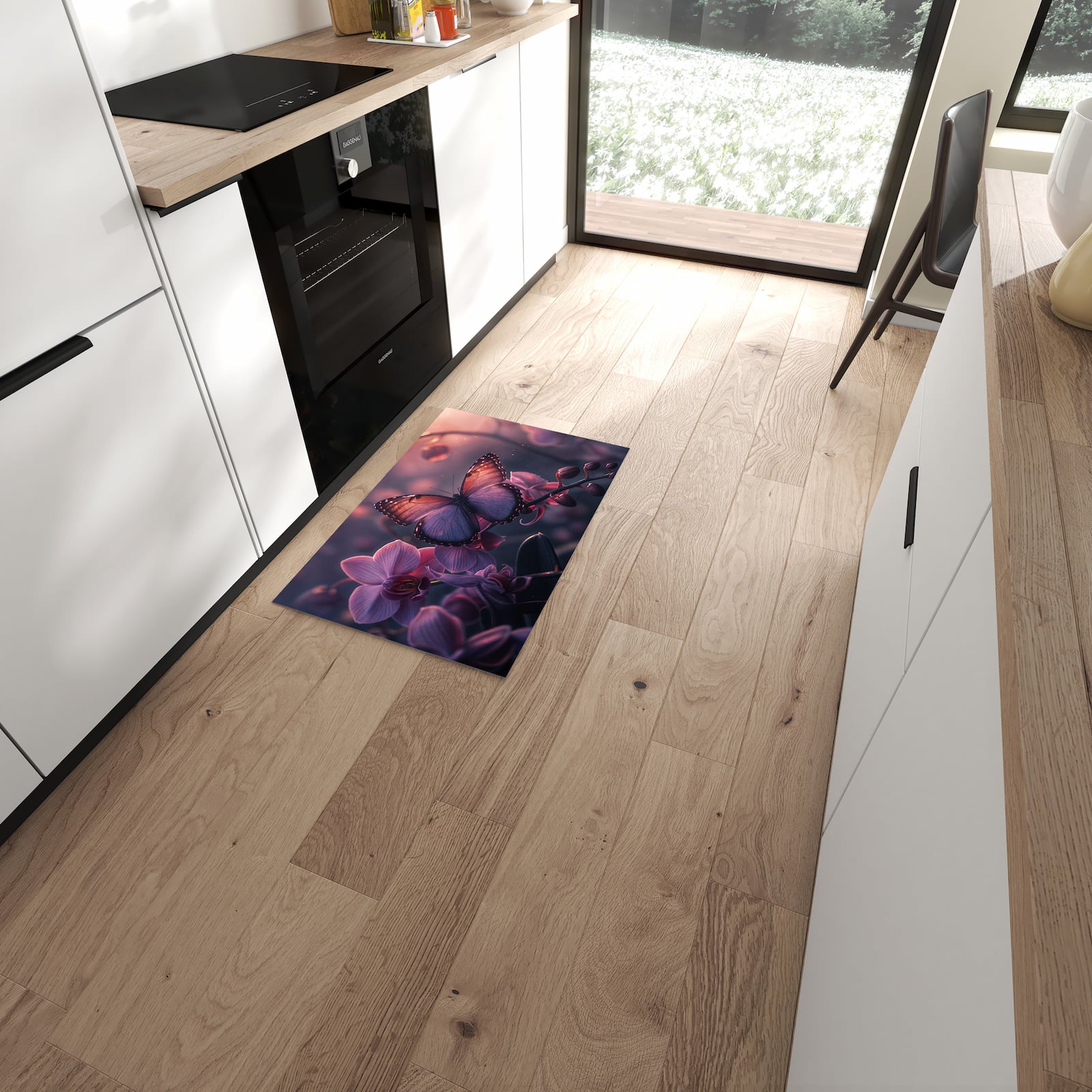 Bodenschonender Küchenteppich mit Motiv Schmetterling Blüte in moderner Küche