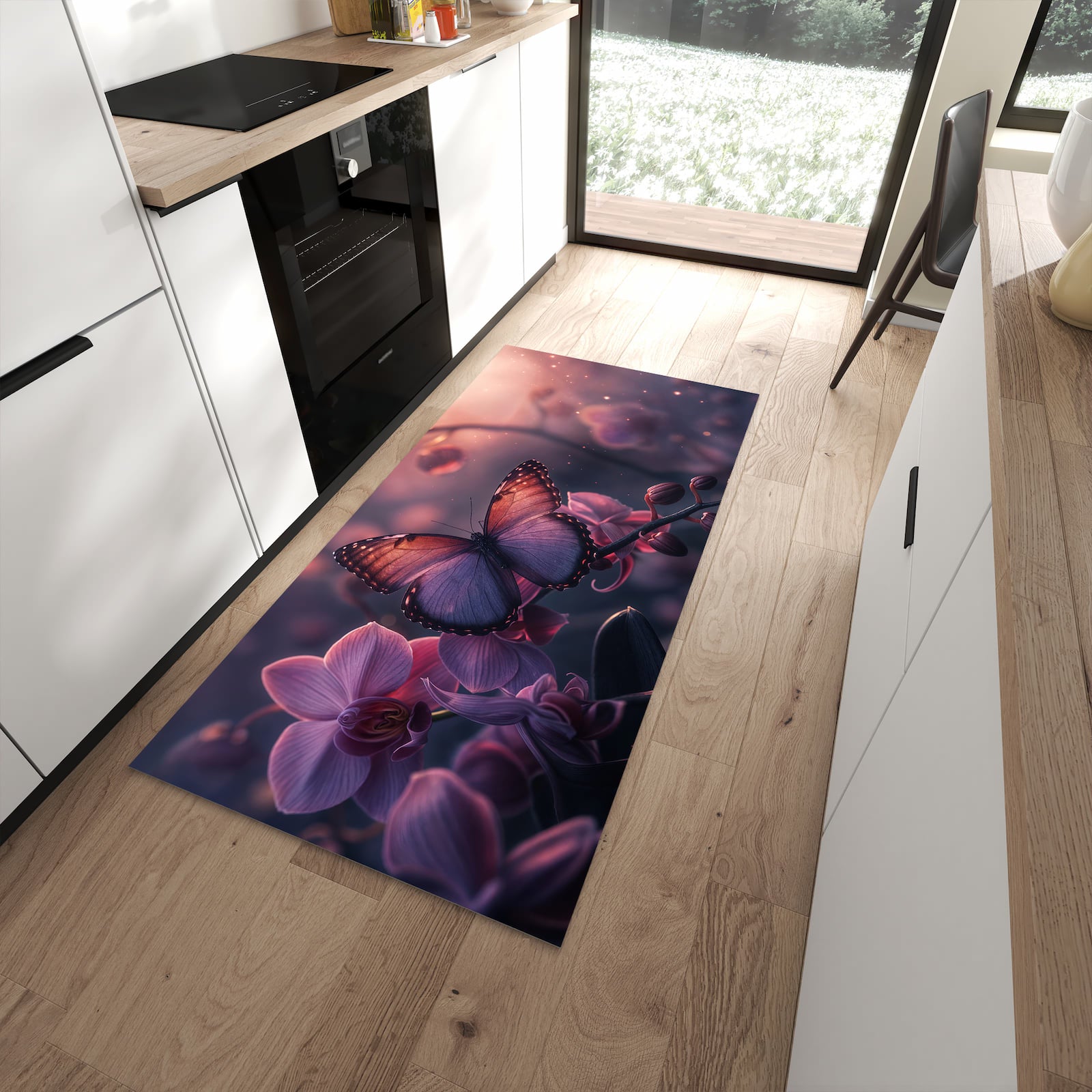 Küchenläufer mit Motiv Schmetterling Blüte für sicheren Stand im Eingangsbereich