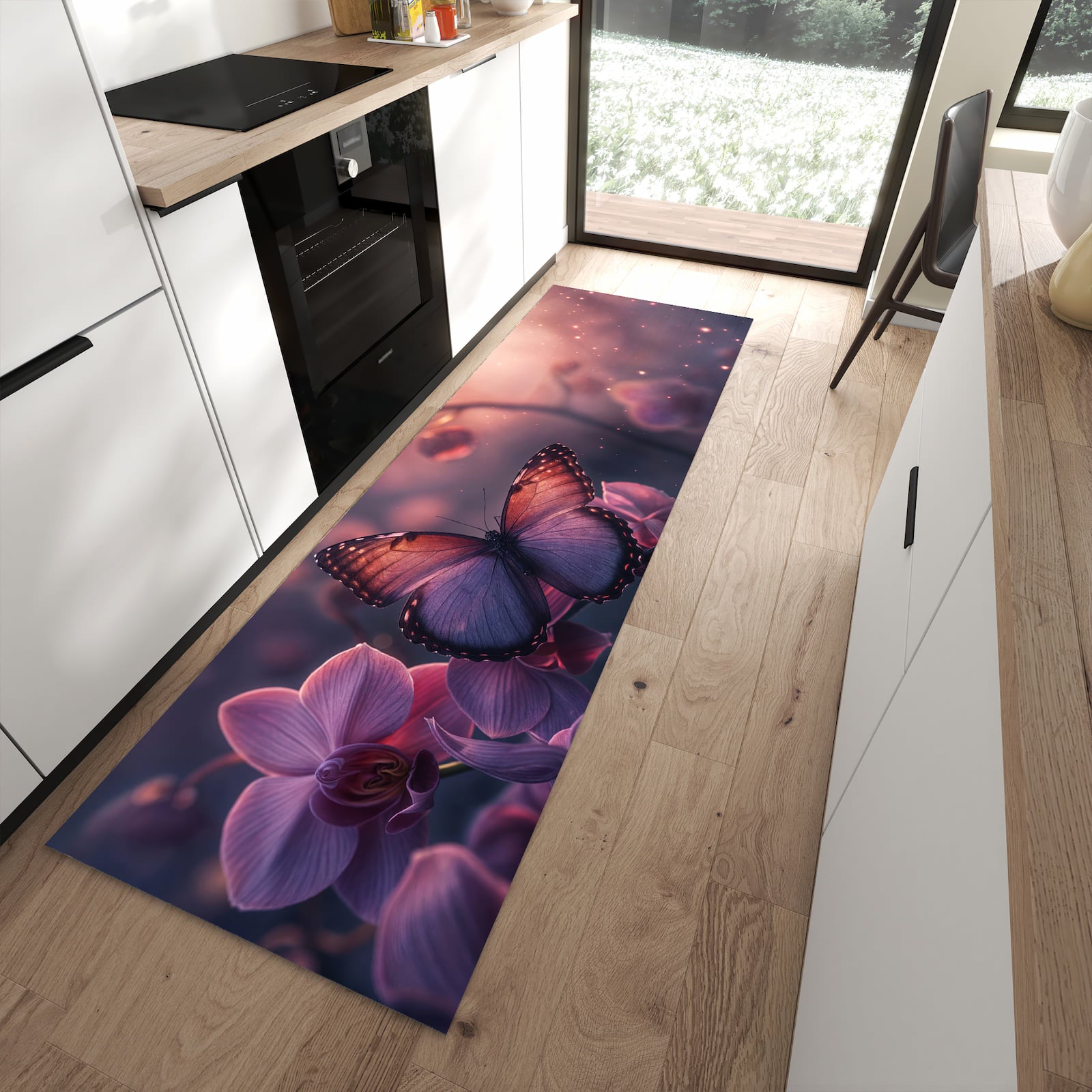 Bodenschonender waschbarer Küchenläufer mit Motiv Schmetterling Blüte in moderner Küche