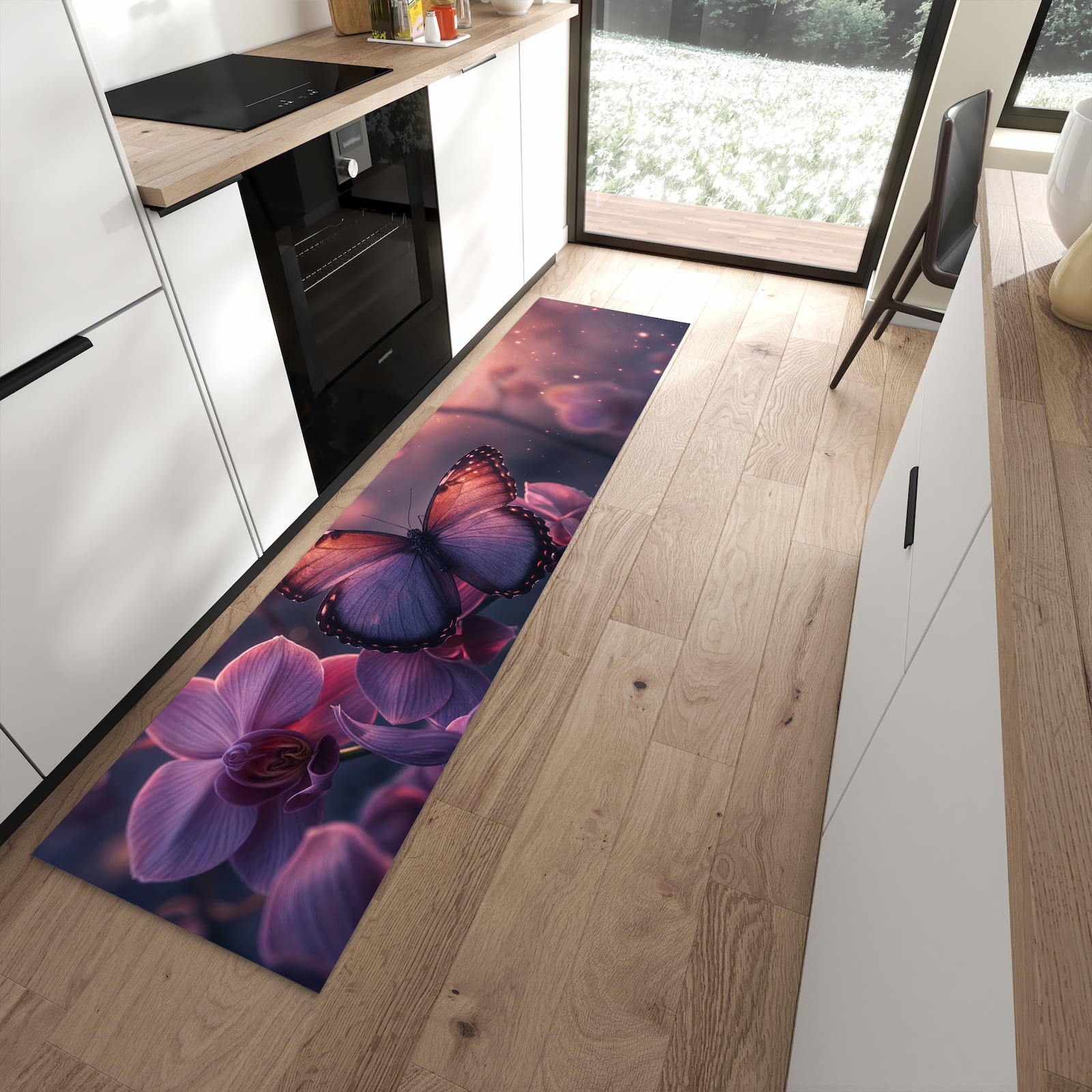 Langlebiger Küchenvorleger mit Motiv Schmetterling Blüte in moderner Küche