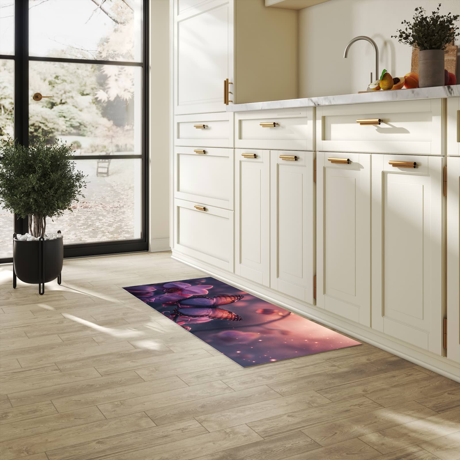 Rutschfester Küchenteppich mit Motiv Schmetterling Blüte in heller Küche, einfach zu reinigen