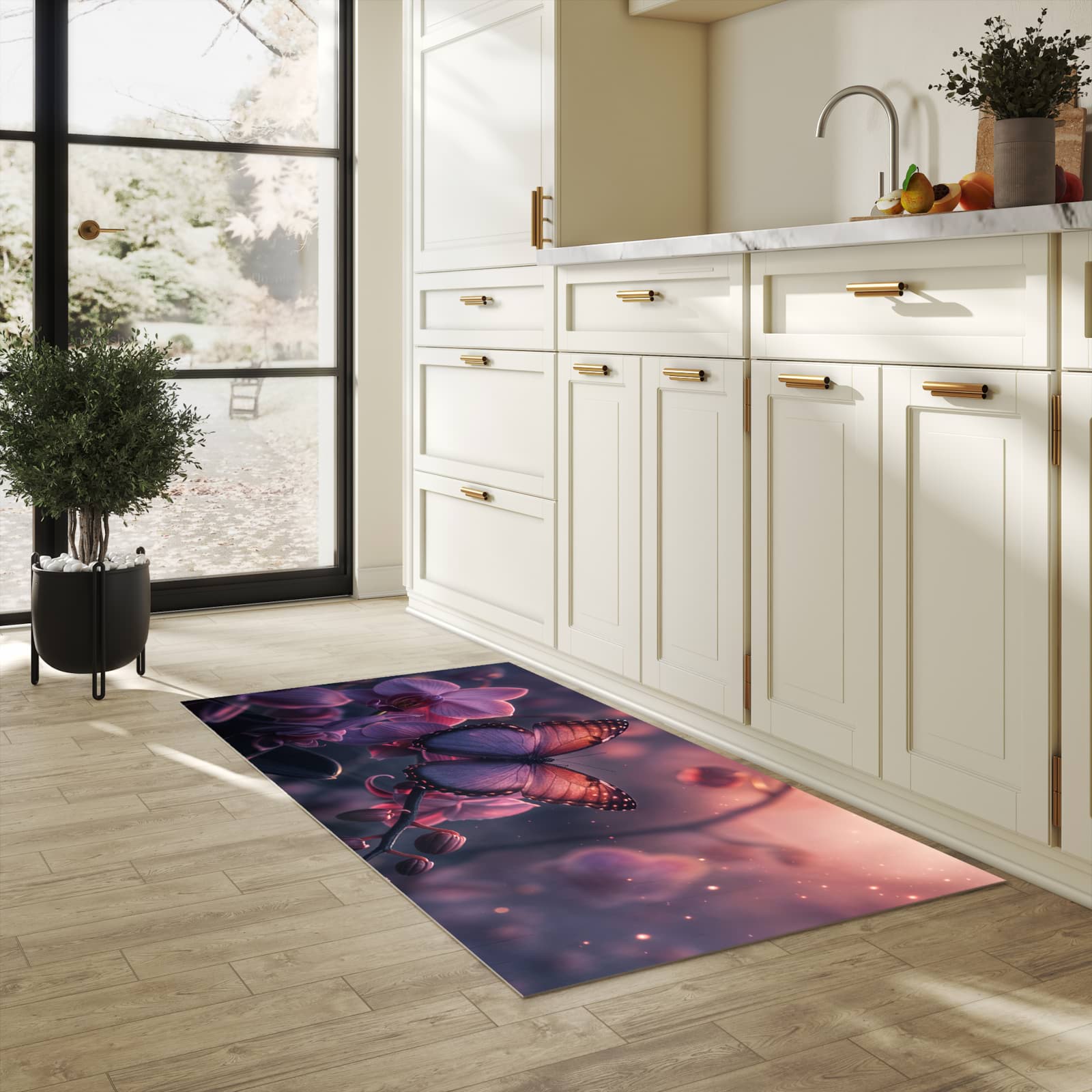 Bodenschonender rutschfester Küchenteppich mit Motiv Schmetterling Blüte in heller Küche