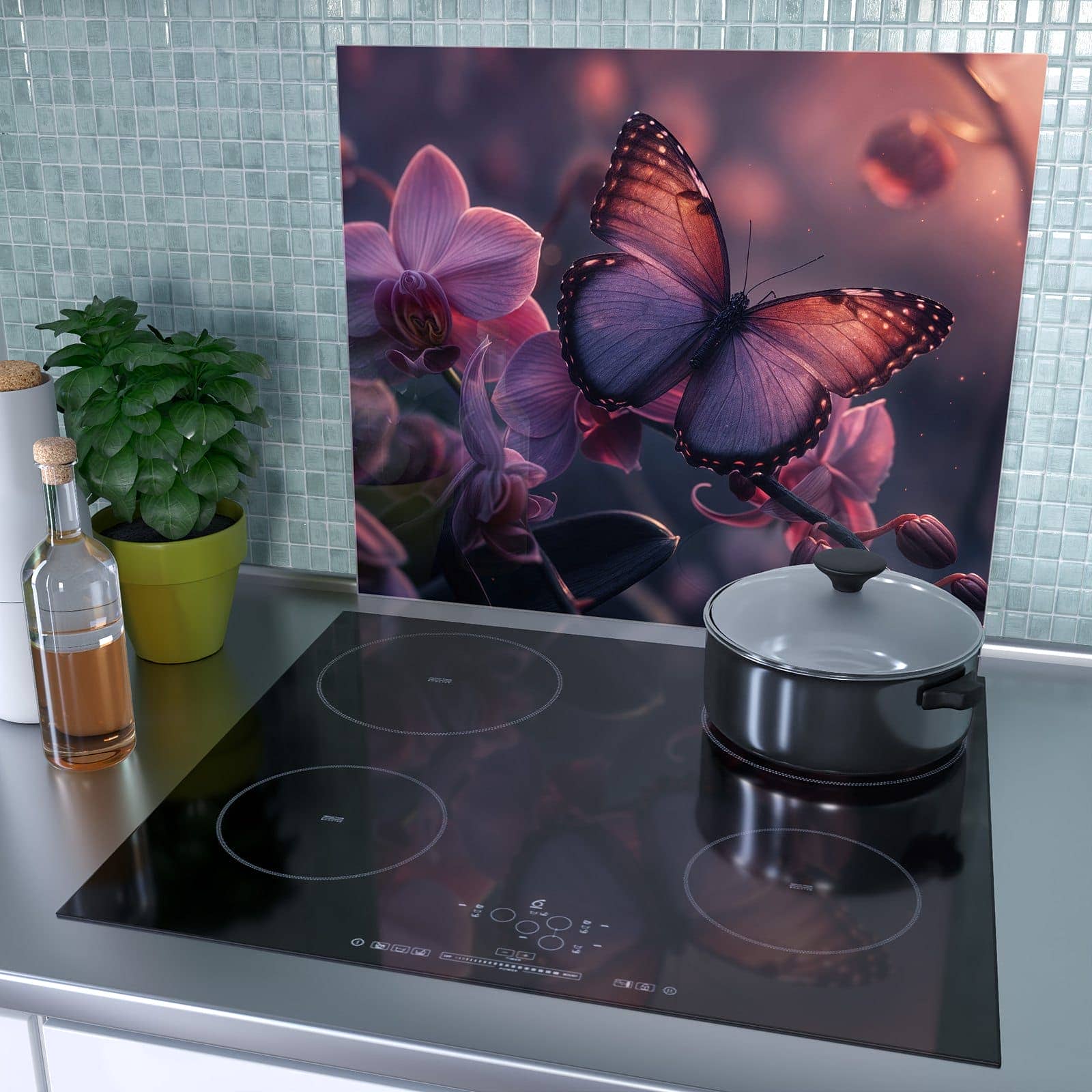 1-teilige Herdabdeckplatte aus Glas mit Schmetterling Blüte-Motiv als Spritzschutz hinter dem Kochfeld