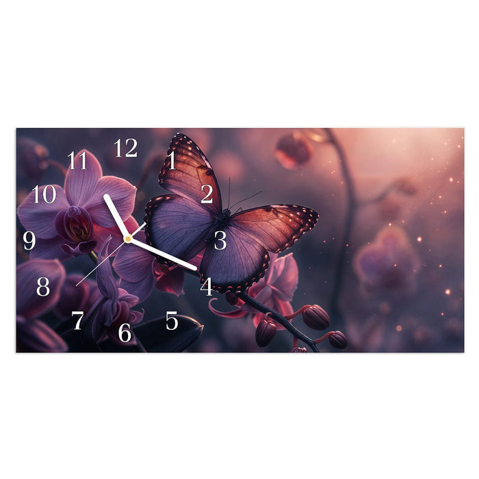 Wanduhr Schmetterling Blüte aus Glas – Querformat 60 × 30 cm mit Ziffernblatt Klassisch