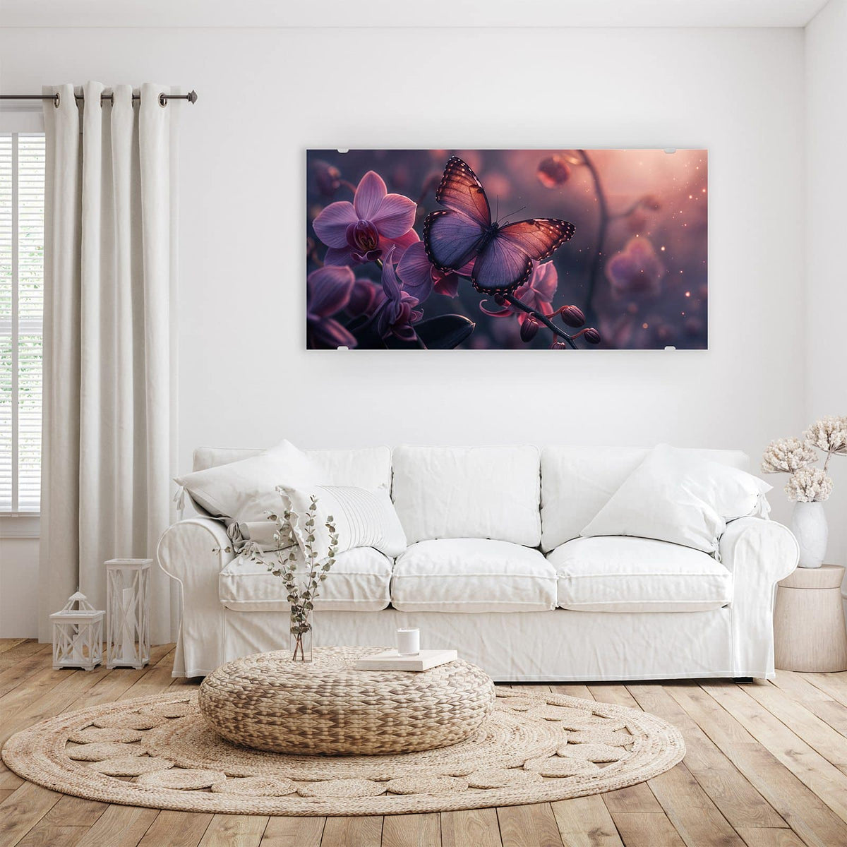 Wandbild - Lila Schmetterling - Querformat – Schmetterling auf lila Orchideen
