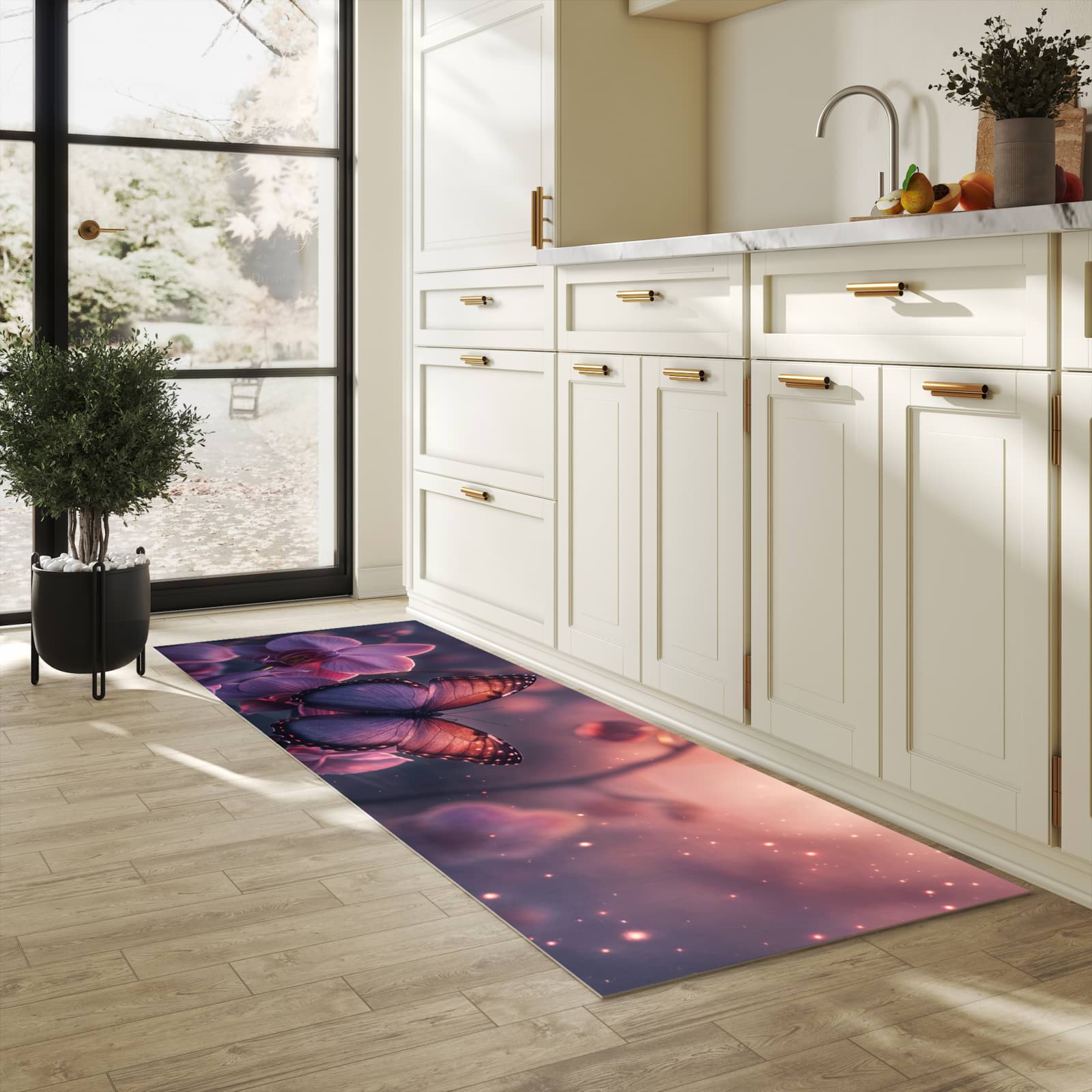 Feuchtigkeitsresistenter Küchenteppich mit Motiv Schmetterling Blüte in heller Küche