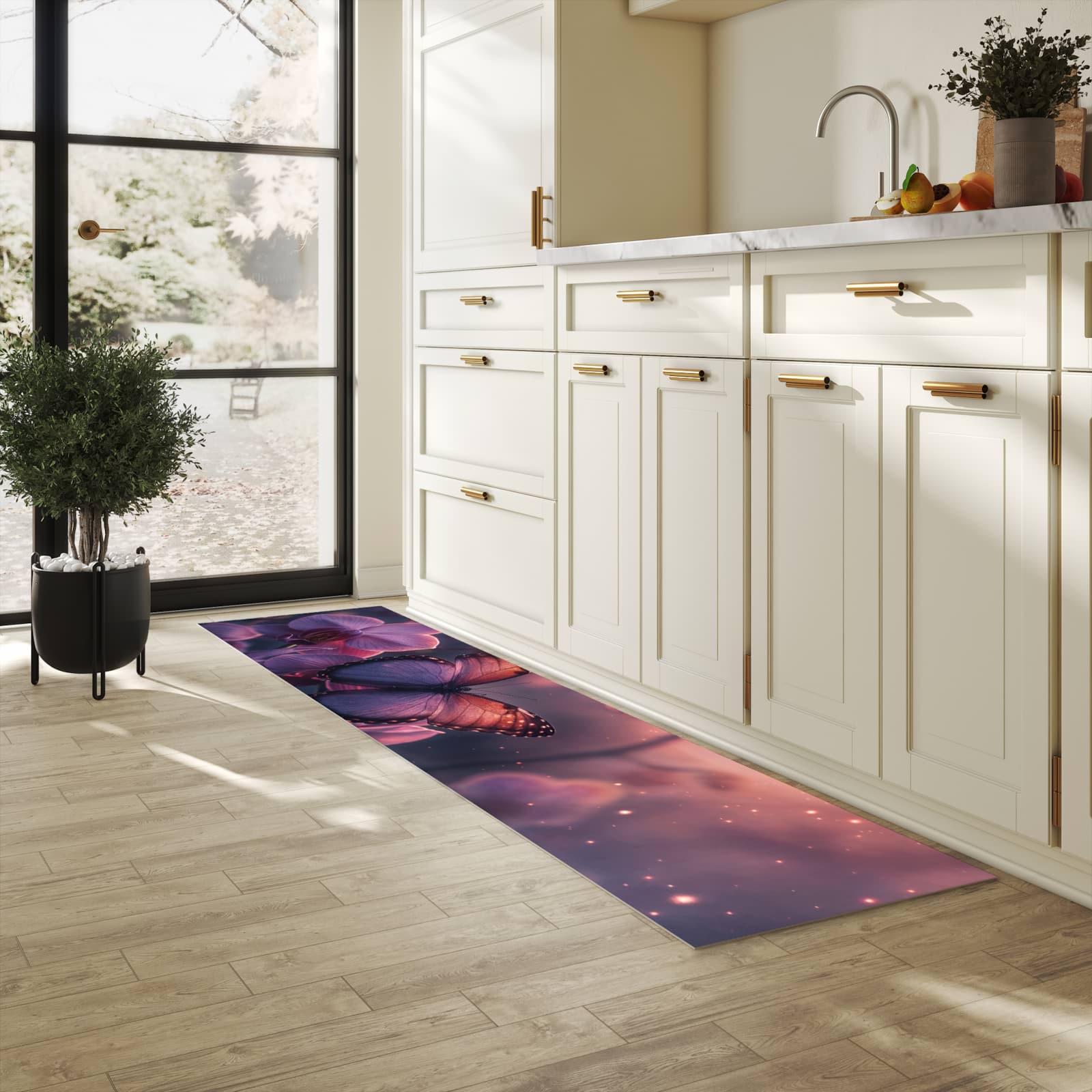 Strapazierfähiger Teppich für Esstisch mit Motiv Schmetterling Blüte in heller Küche