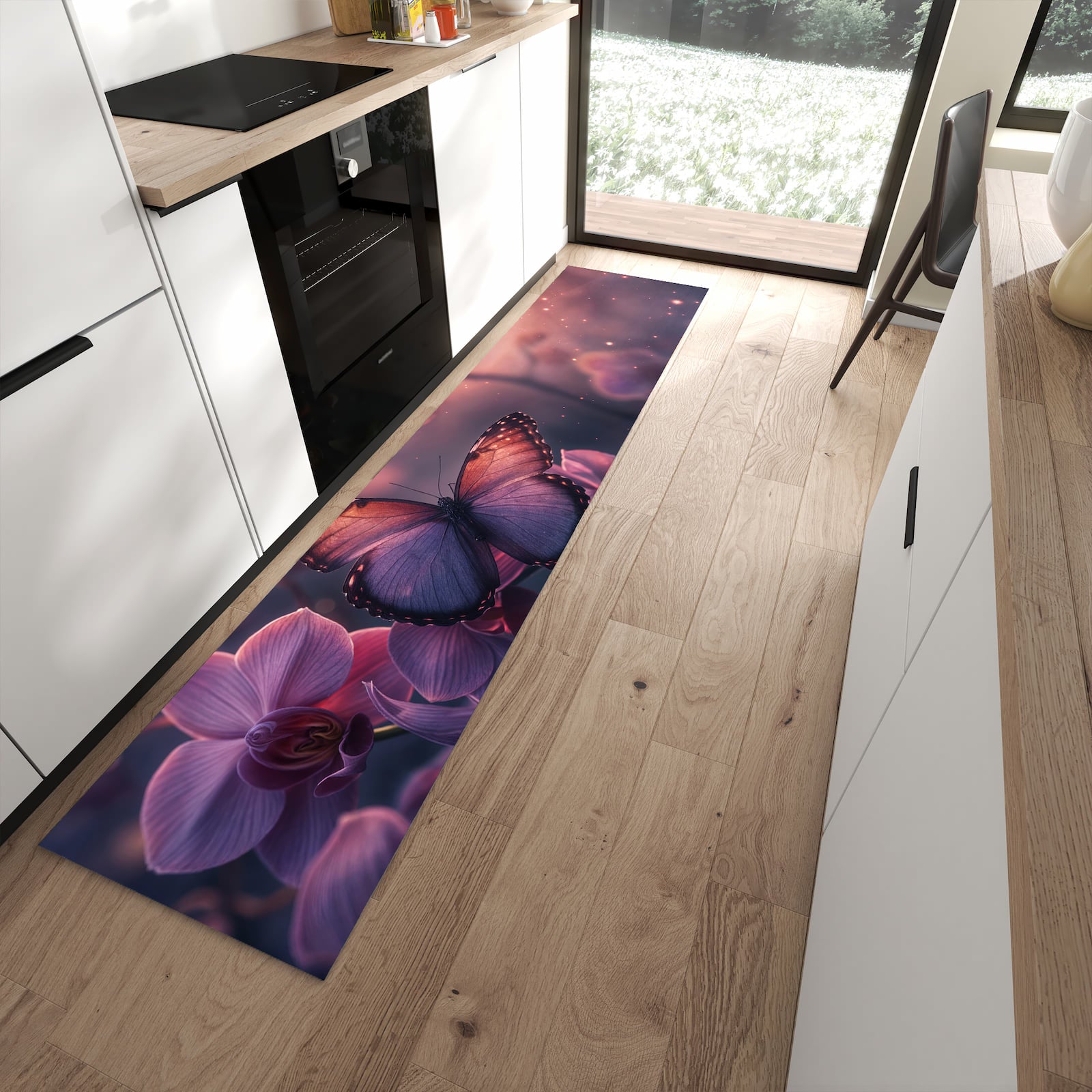 Rutschfester waschbarer Küchenteppich mit Motiv Schmetterling Blüte in moderner Küche