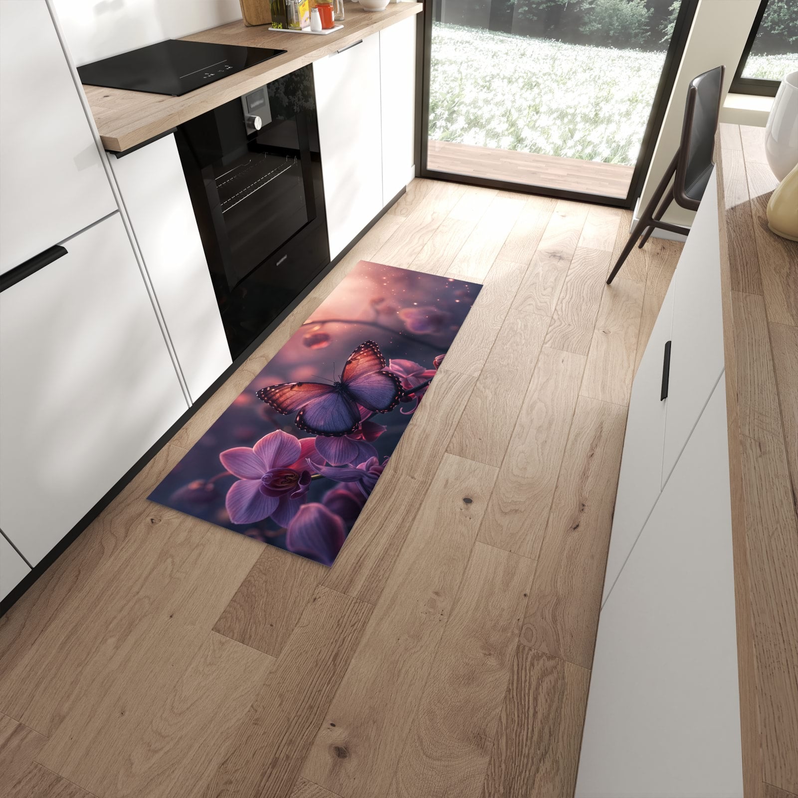 Strapazierfähiger Küchenläufer mit Motiv Schmetterling Blüte in moderner Küche #grösse_60 x 150 cm