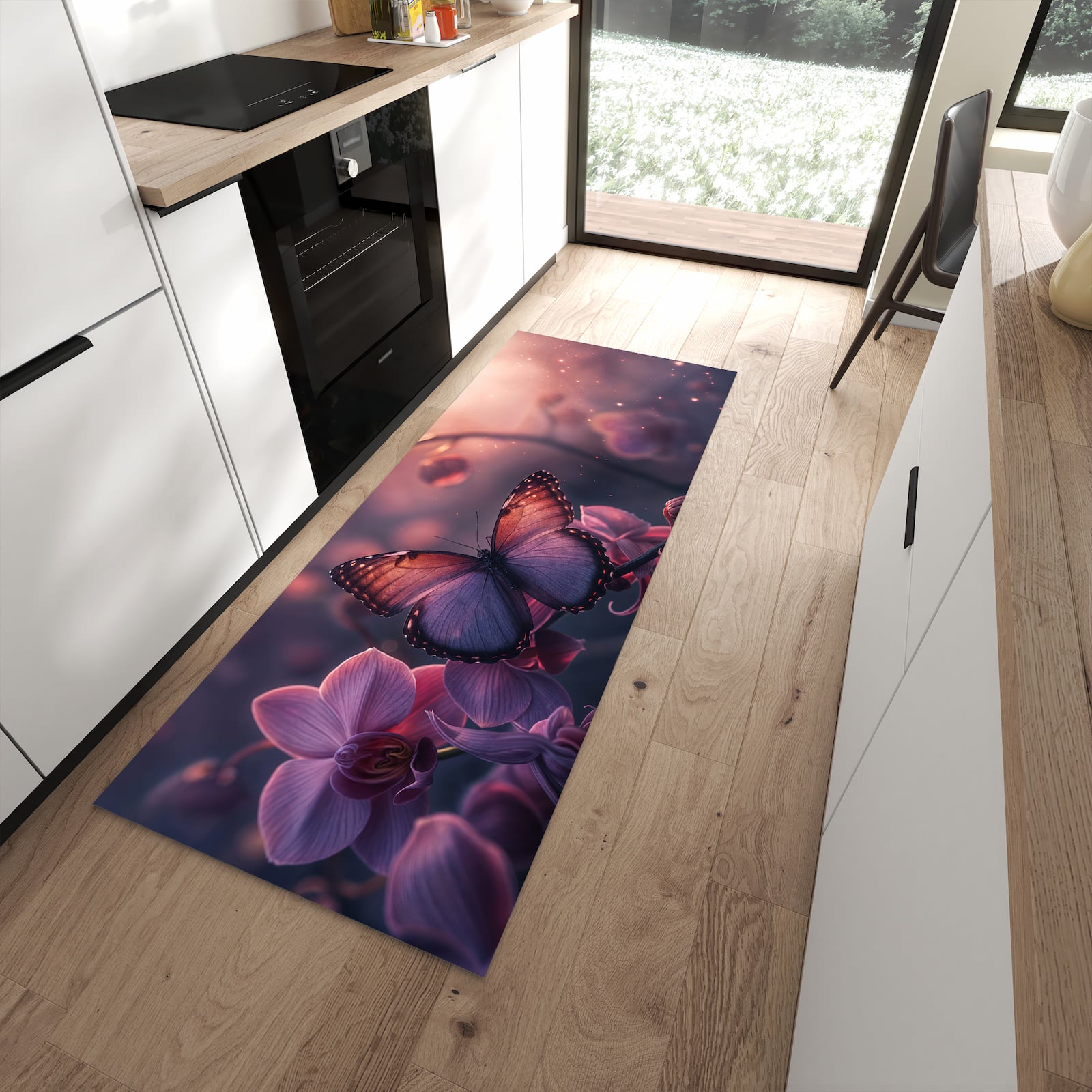 Ordnungsschaffender Teppichläufer mit Motiv Schmetterling Blüte in moderner Küche