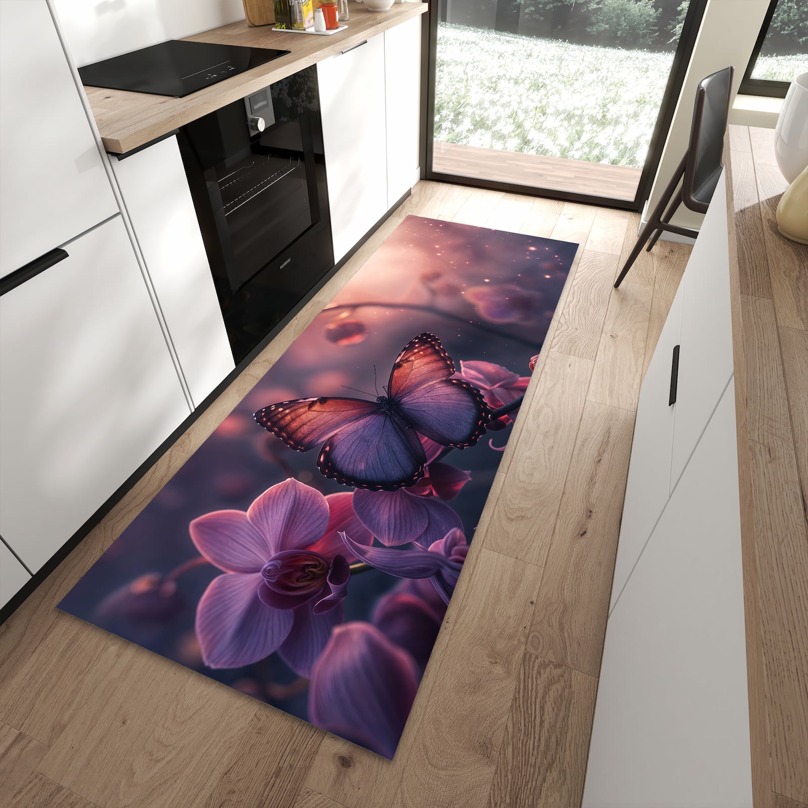 Zeitsparender rutschfester Läufer mit Motiv Schmetterling Blüte in moderner Küche