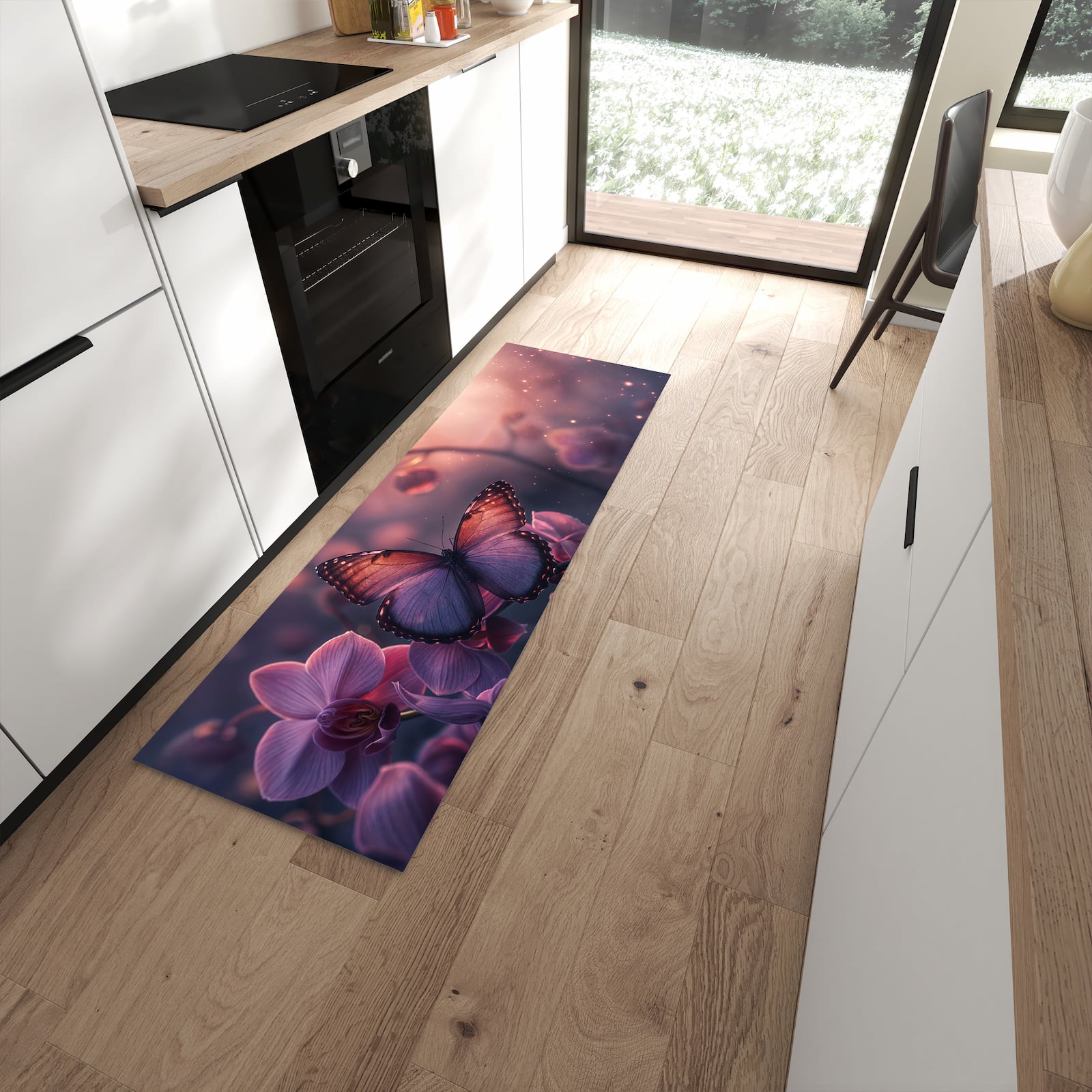 Waschbarer Küchenteppich mit Motiv Schmetterling Blüte in moderner Küche