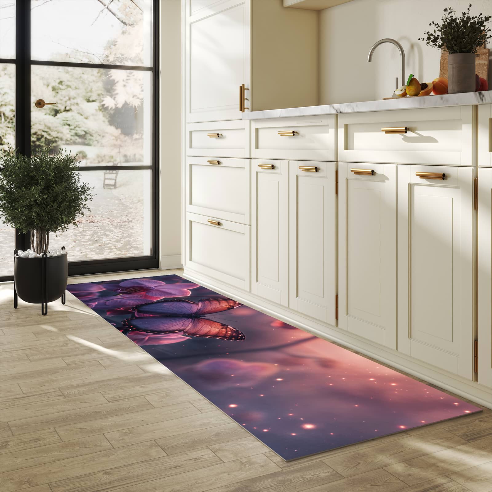 Bodenschonender Küchenteppich mit Motiv Schmetterling Blüte in heller Küche