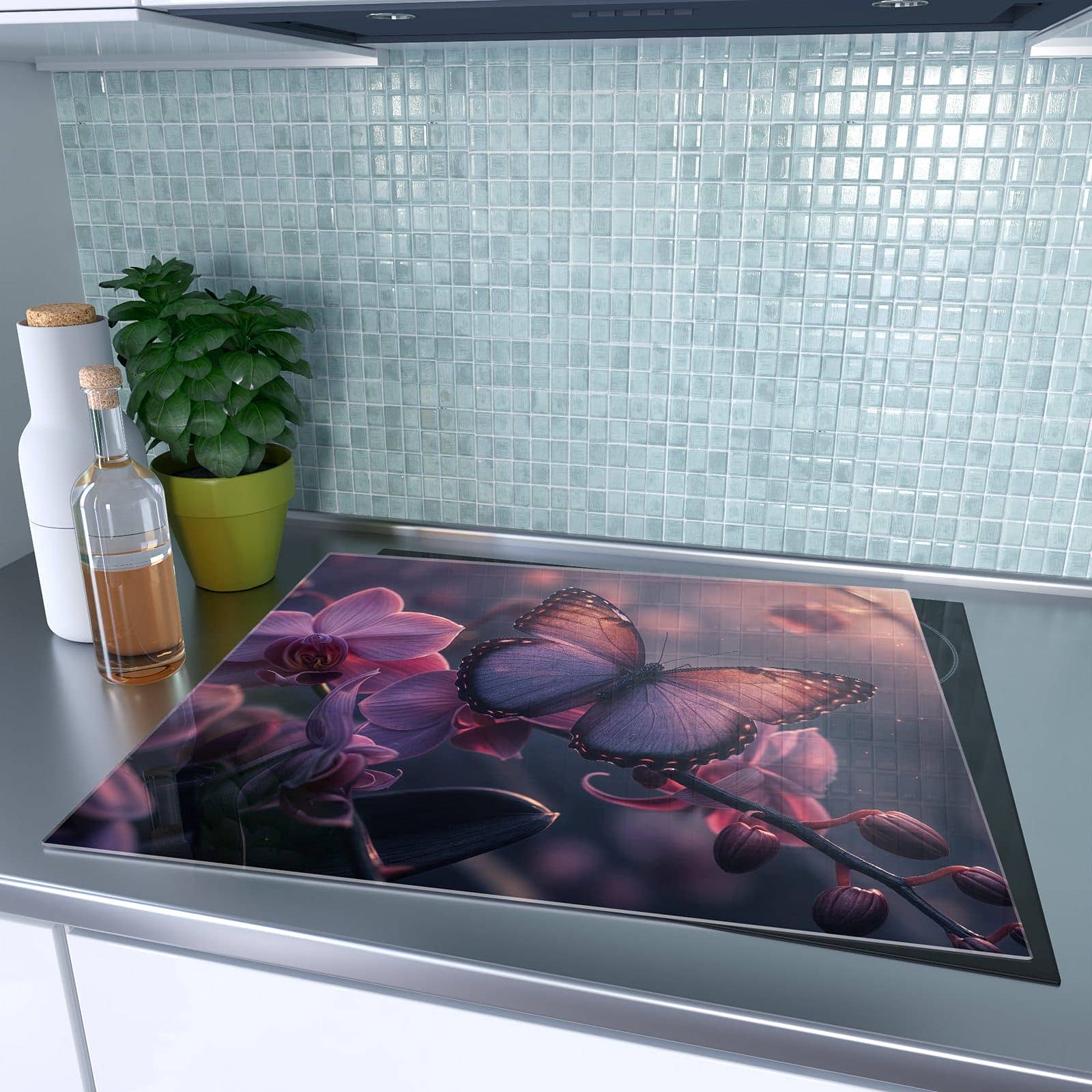 1-teilige Herdabdeckplatten für Ceranfeld mit Schmetterling Blüte-Motiv auf dem Ceranfeld