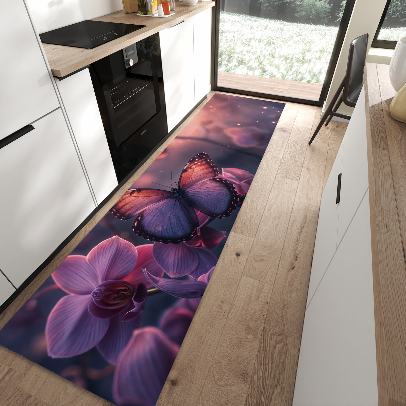 Formstabiler langer Teppich mit Motiv Schmetterling Blüte in moderner Küche