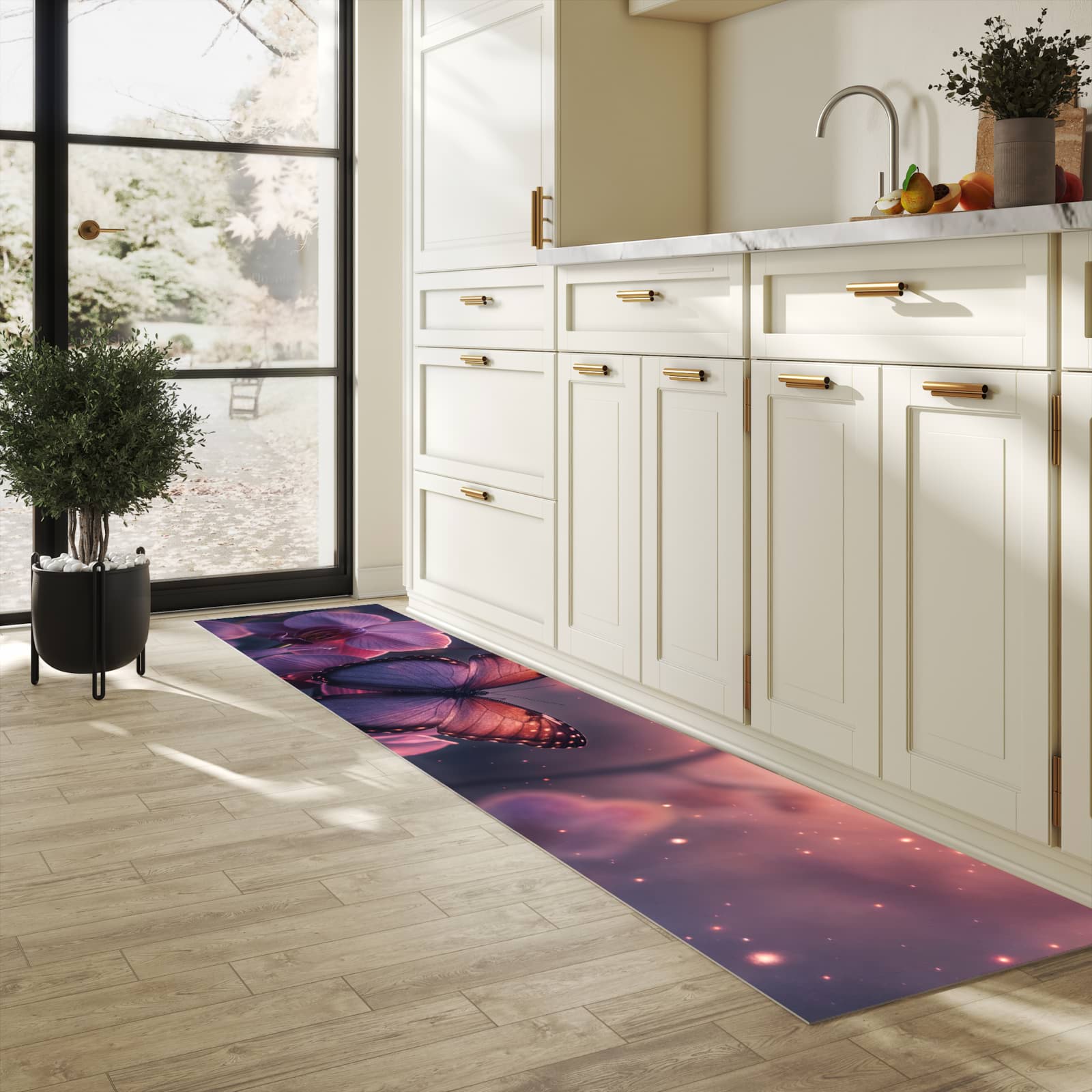 Waschbarer rutschfester Küchenteppich mit Motiv Schmetterling Blüte in heller Küche