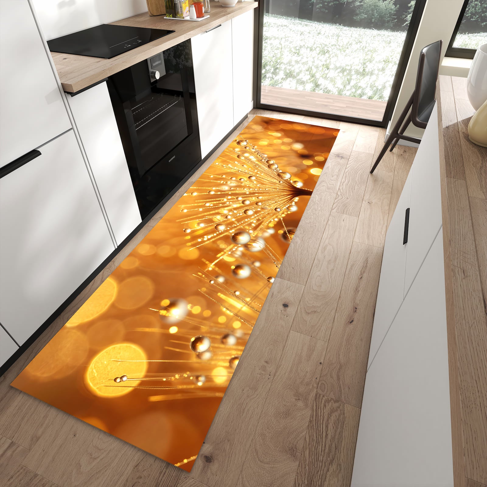 Komfortabler Küchenteppich mit Motiv Löwenzahn Tropfen in moderner Küche