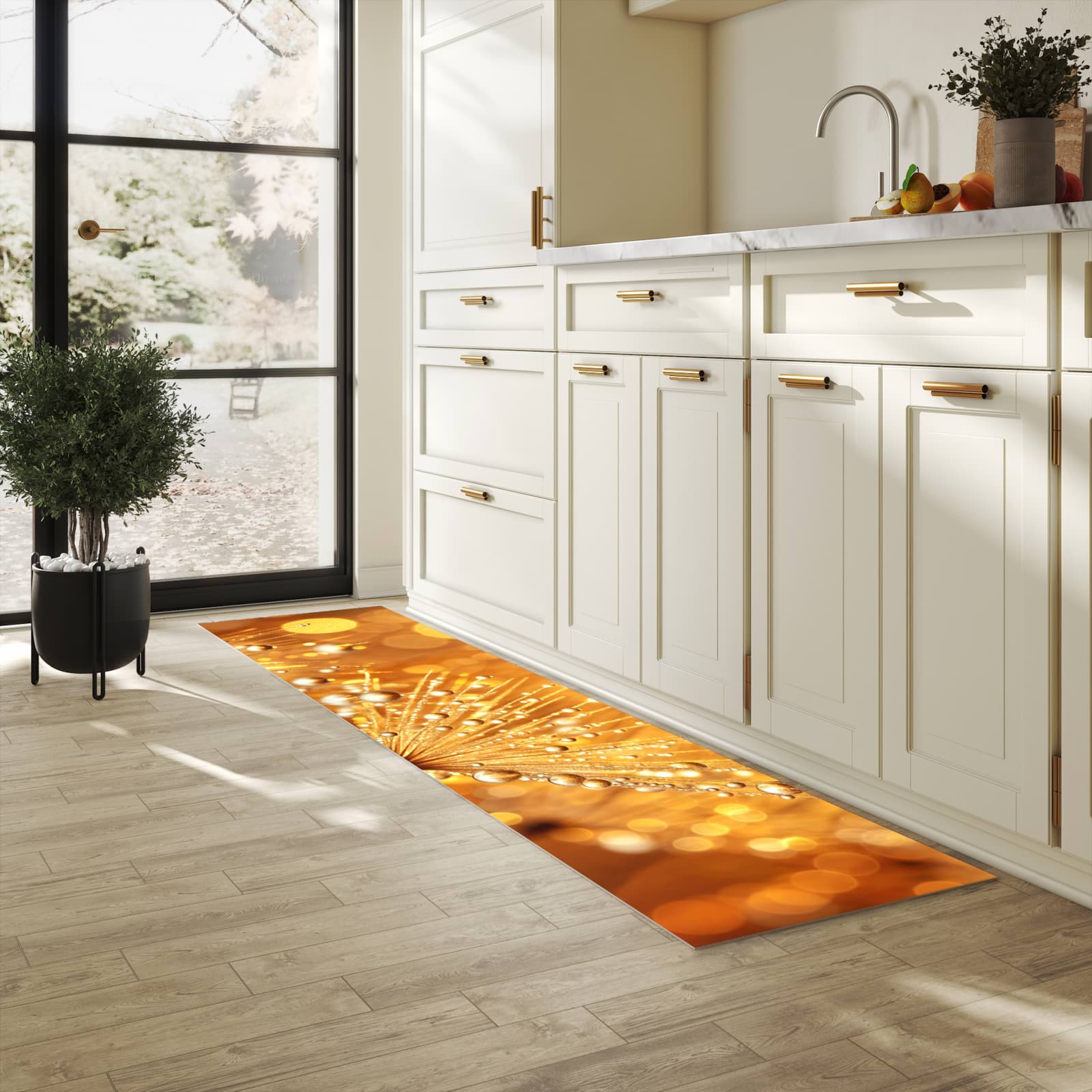 Waschbarer Küchenteppich mit Motiv Löwenzahn Tropfen für Trittkomfort in heller Küche