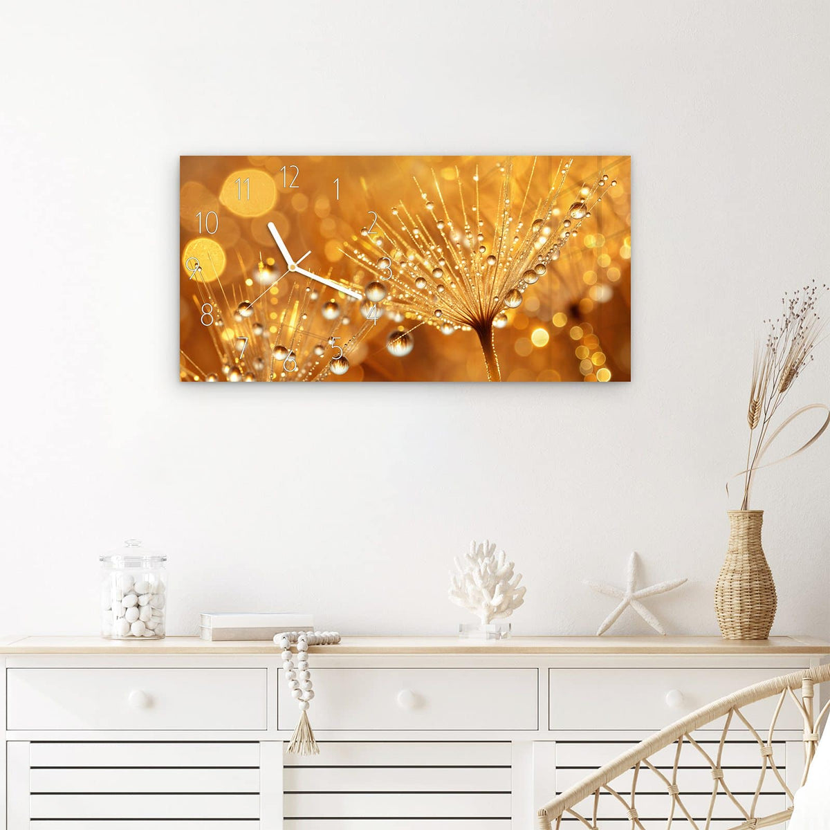 Wanduhr Löwenzahn Tropfen aus Glas – Querformat 60 × 30 cm – Goldene Pusteblumensamen mit Wassertropfen