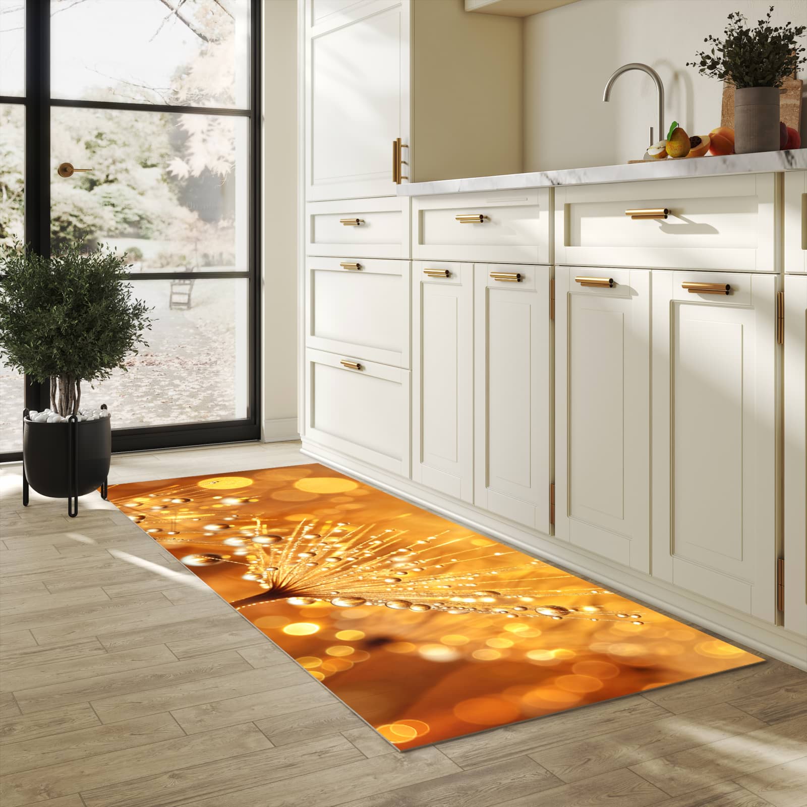 Komfortabler Läufer mit Motiv Löwenzahn Tropfen in heller Küche für rutschfesten Stand