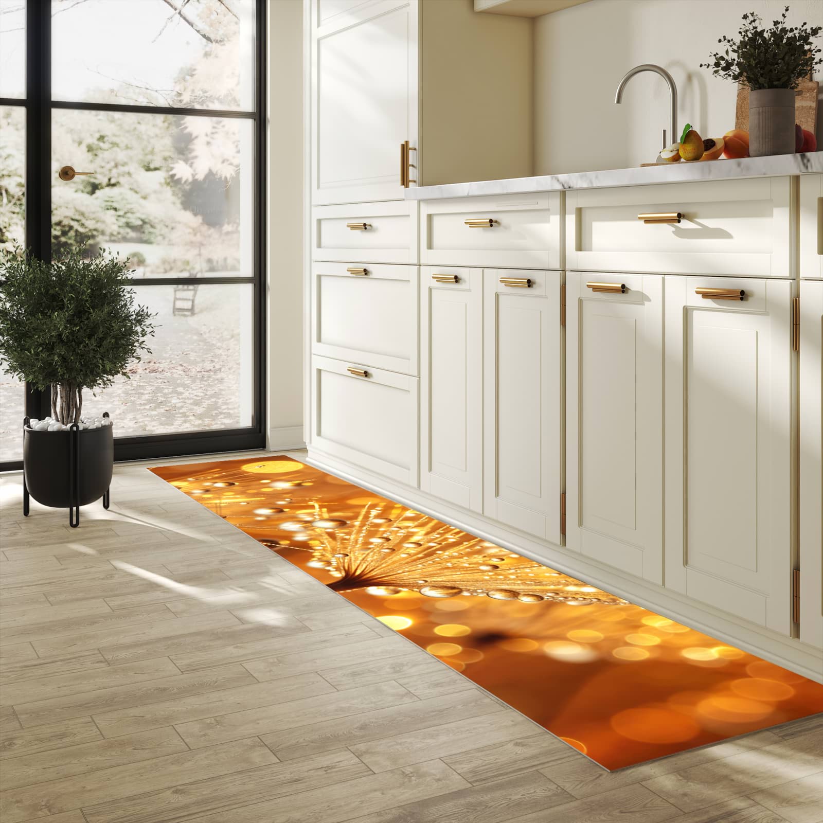 Wasserabweisender Küchenläufer mit Motiv Löwenzahn Tropfen in heller Küche